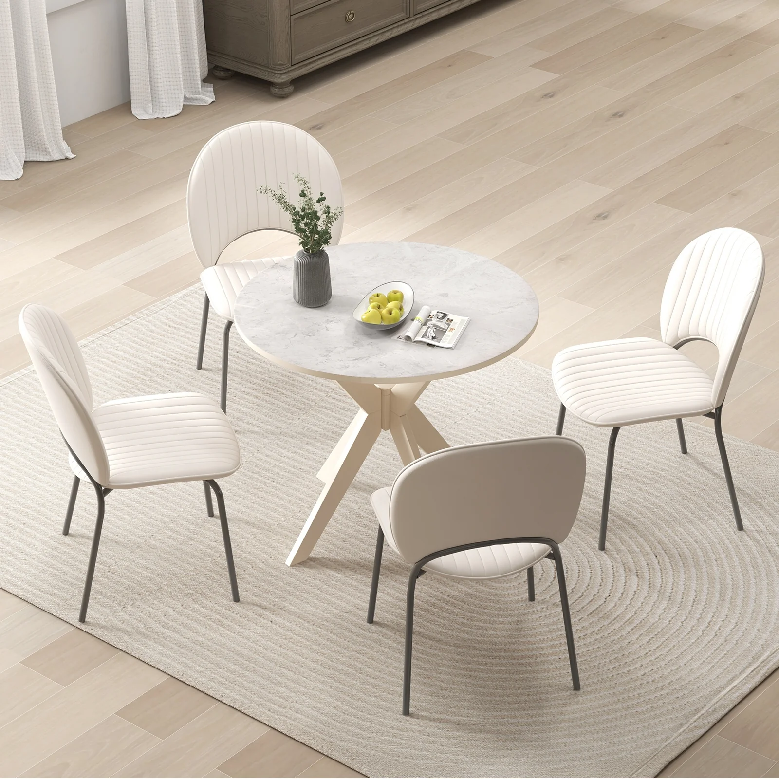 36-Inch Modern Kitchen Table, Faux Marble Top, Solid Wood Legs, White - Image 3