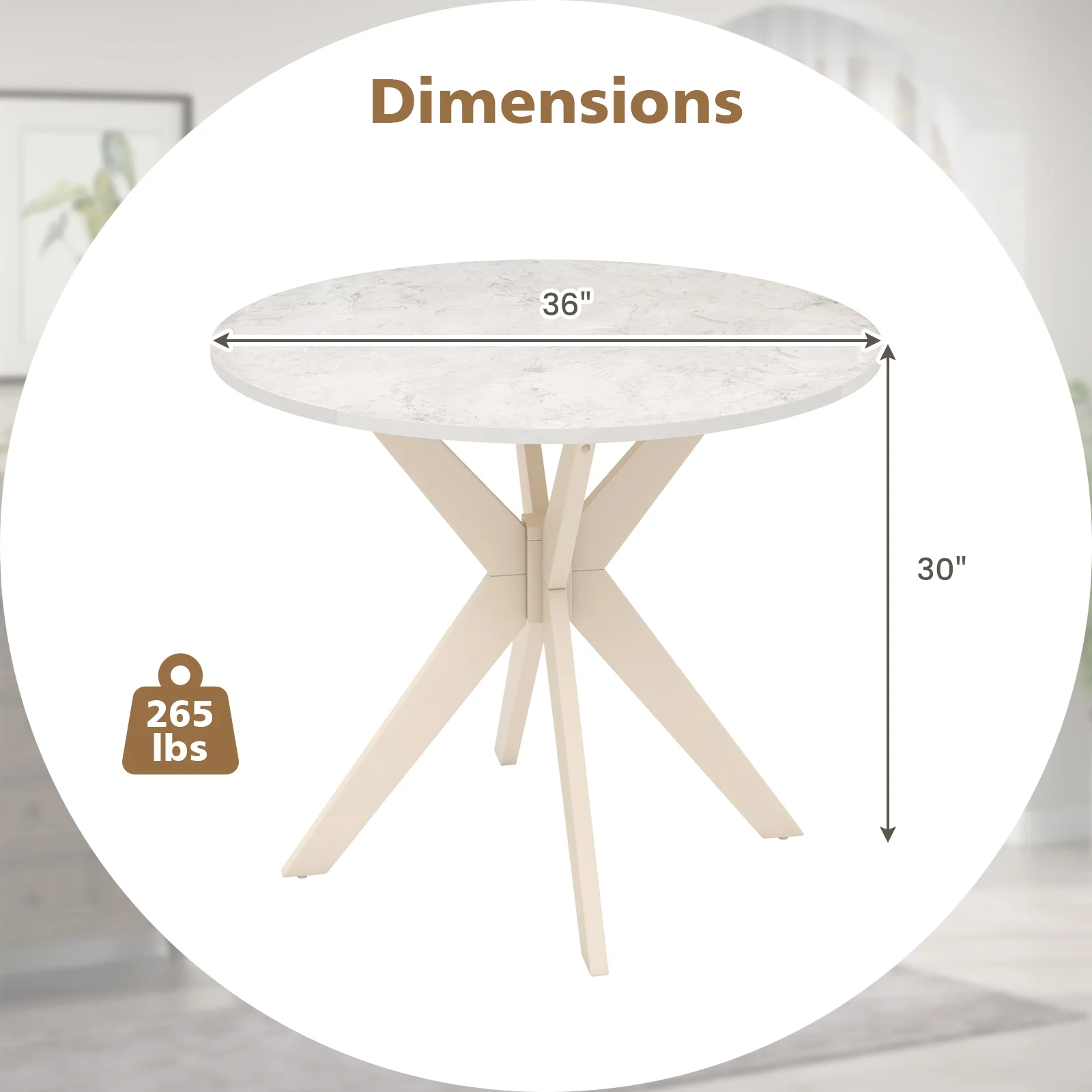 36-Inch Modern Kitchen Table, Faux Marble Top, Solid Wood Legs, White - Image 6