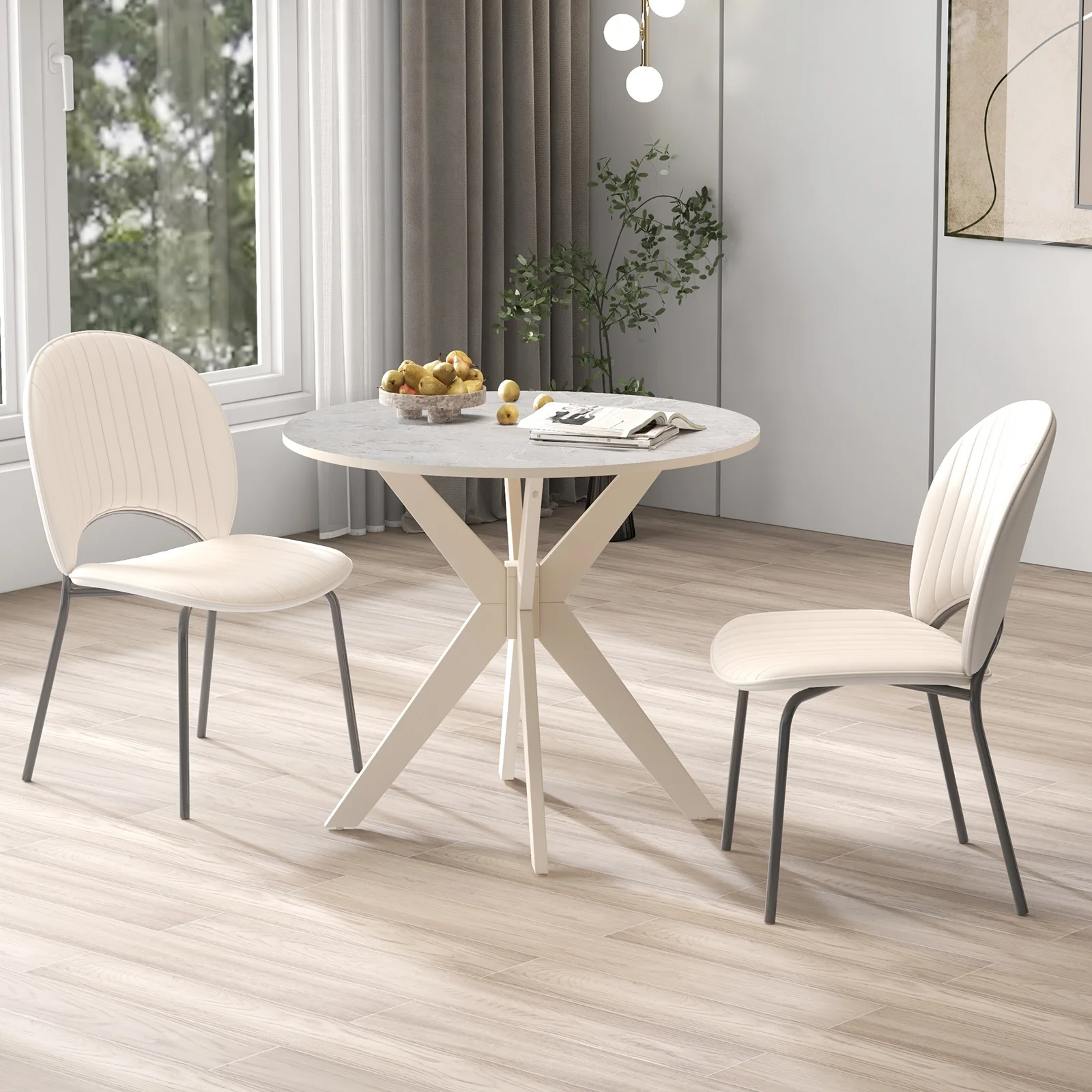 36-Inch Modern Kitchen Table, Faux Marble Top, Solid Wood Legs, White - Image 7