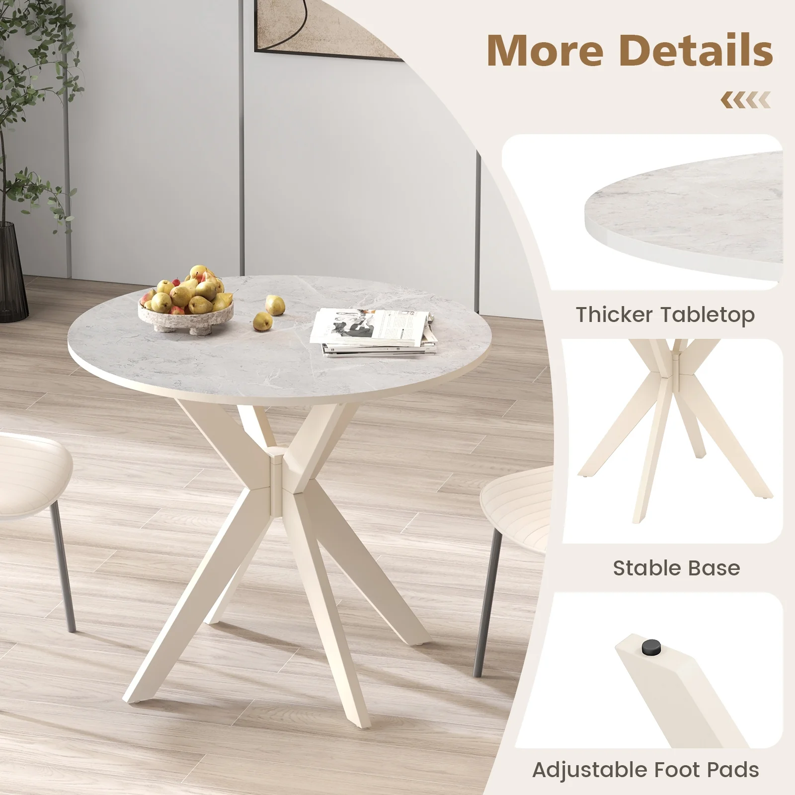 36-Inch Modern Kitchen Table, Faux Marble Top, Solid Wood Legs, White - Image 9