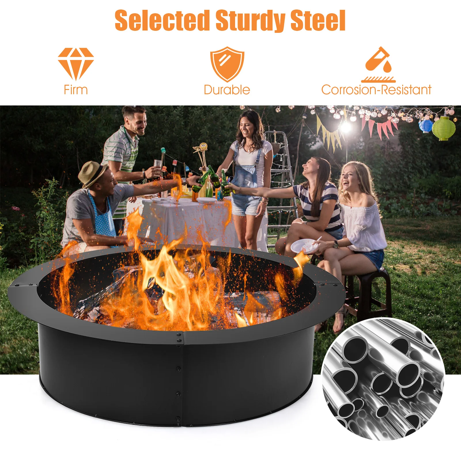 36 Inch Round Steel Fire Pit Ring, Outdoor Backyard, Black - Image 5