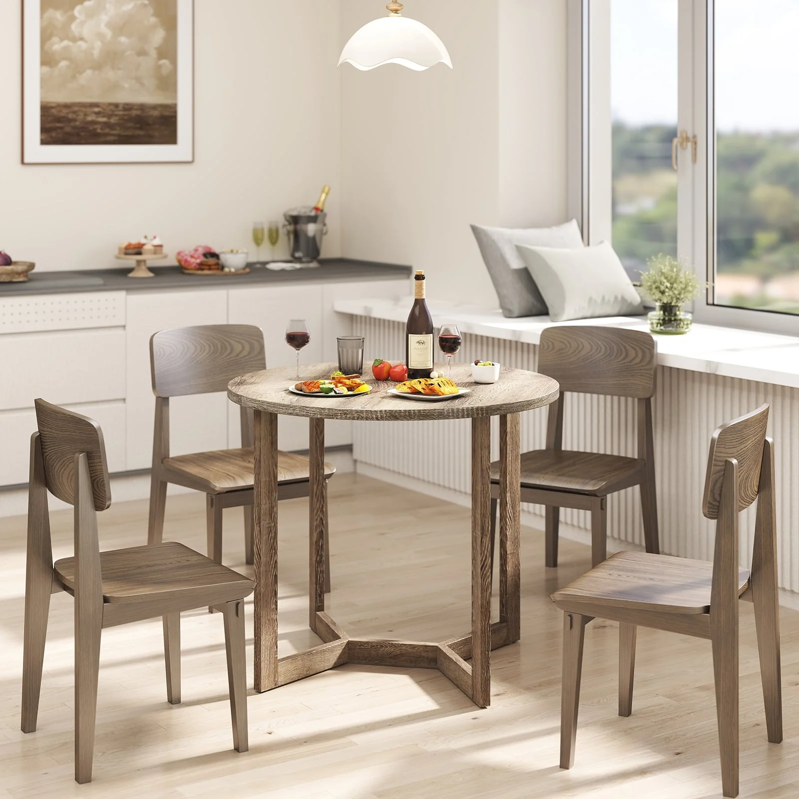 36 Inch Round Wood Dining Table, Wing-Shaped Pedestal Base, Gray - Image 2
