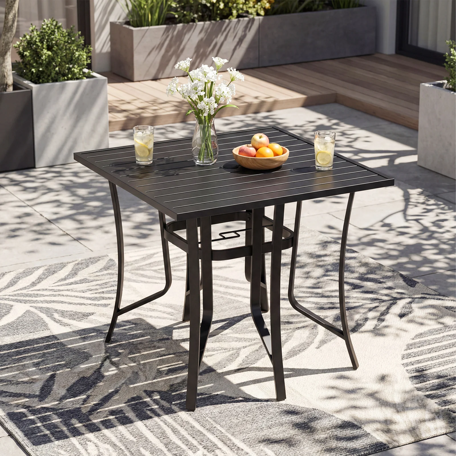 36 Inch Square Patio Table for 4 Metal Dining Table with Umbrella Hole, Black - Image 2