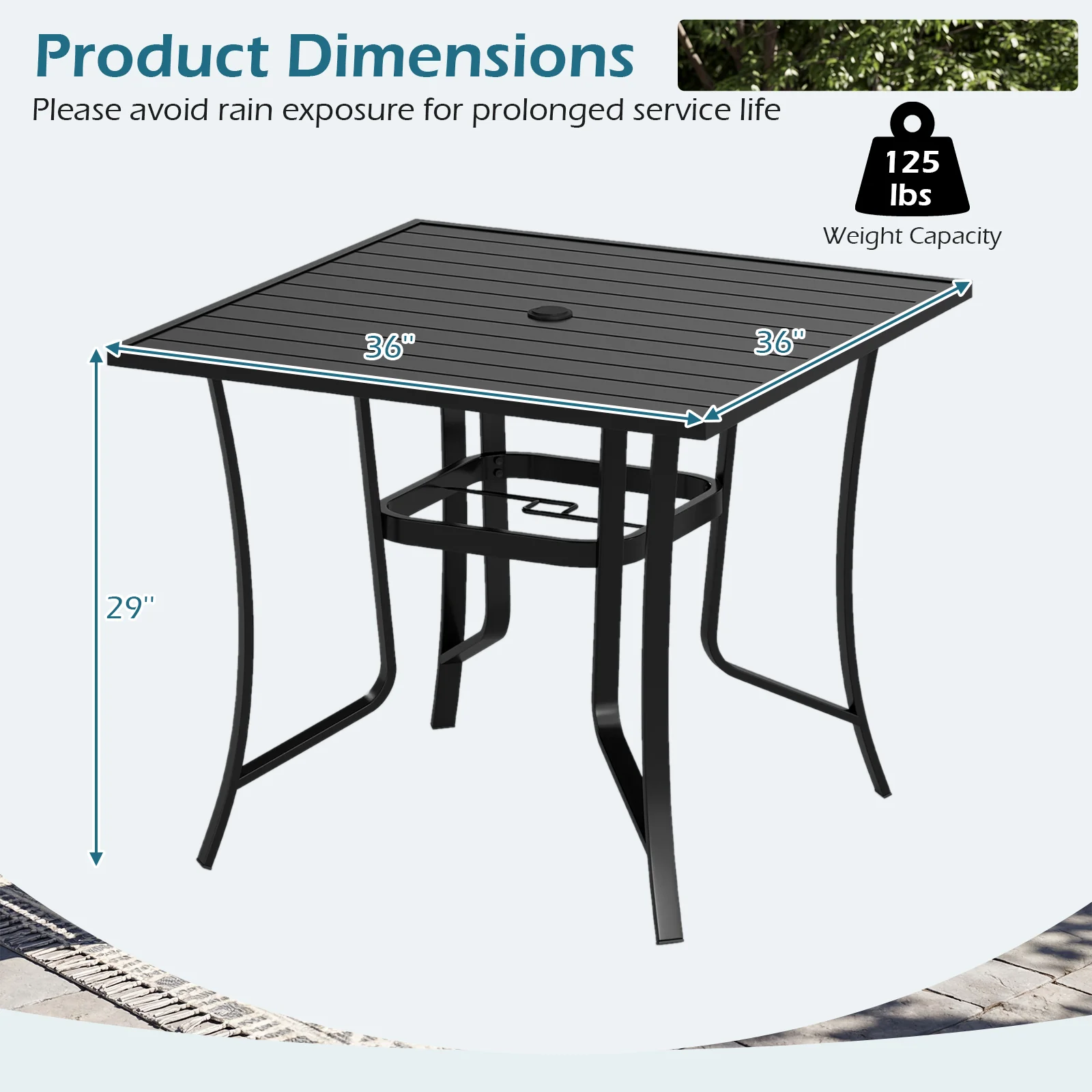 36 Inch Square Patio Table for 4 Metal Dining Table with Umbrella Hole, Black - Image 6