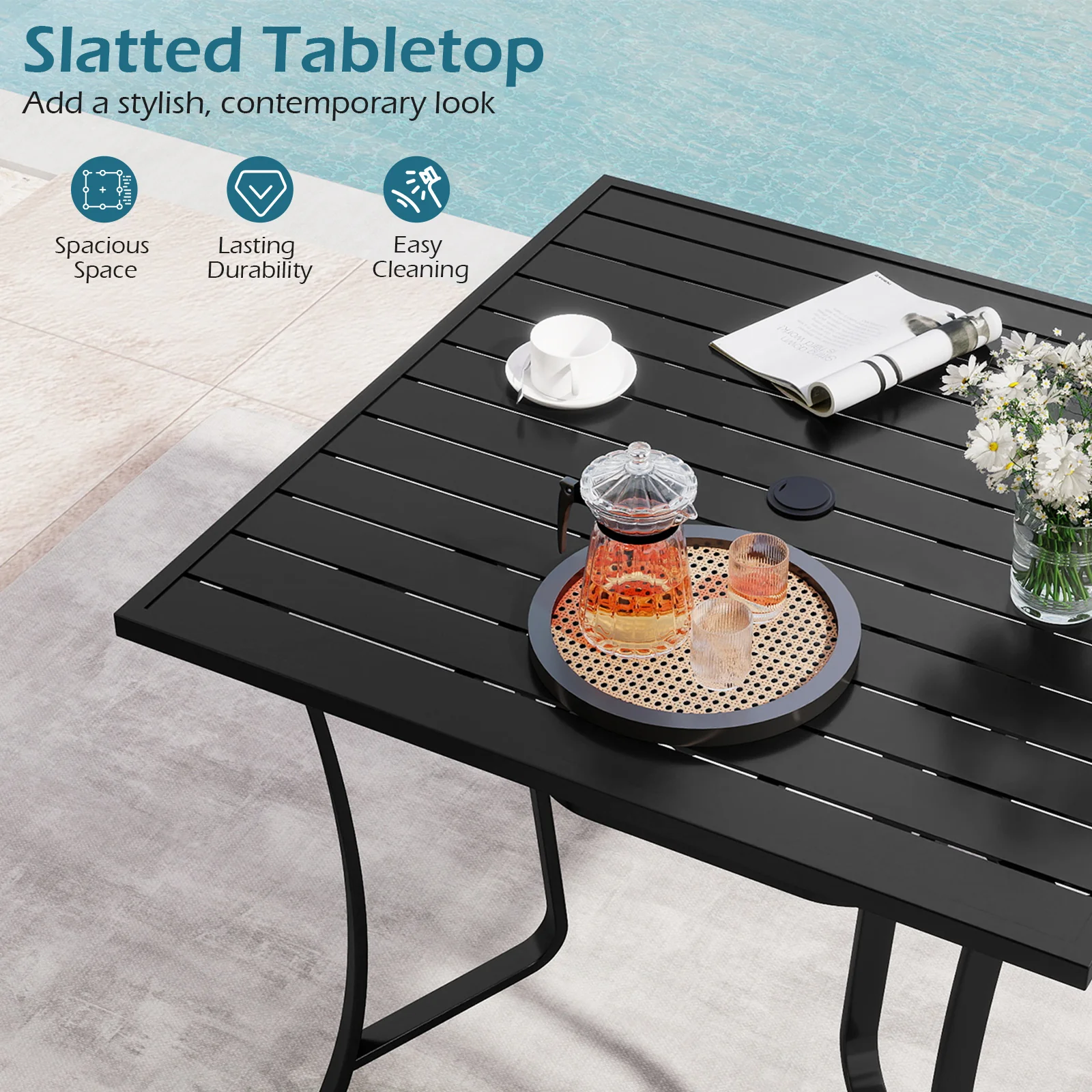 36 Inch Square Patio Table for 4 Metal Dining Table with Umbrella Hole, Black - Image 7