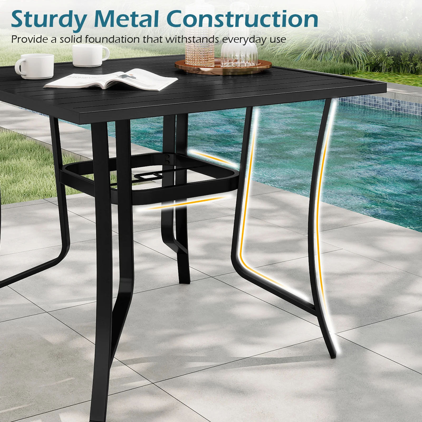 36 Inch Square Patio Table for 4 Metal Dining Table with Umbrella Hole, Black - Image 8
