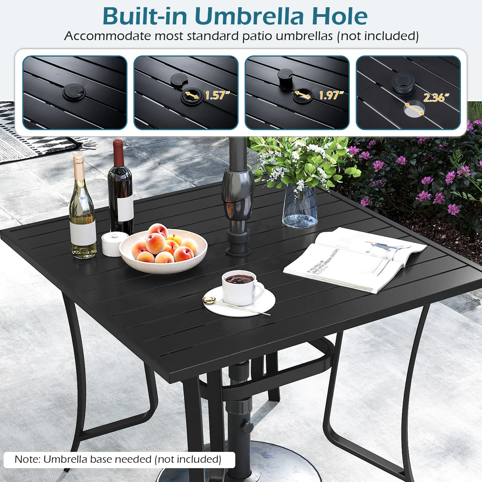 36 Inch Square Patio Table for 4 Metal Dining Table with Umbrella Hole, Black - Image 9