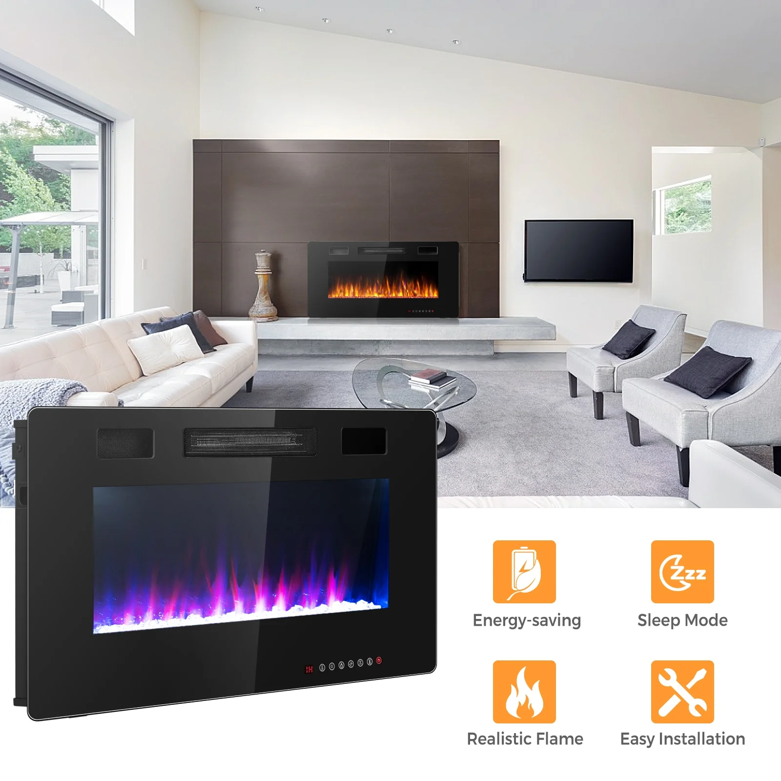 36 Inch Ultra Thin Wall Mounted Electric Fireplace, Black - Image 3