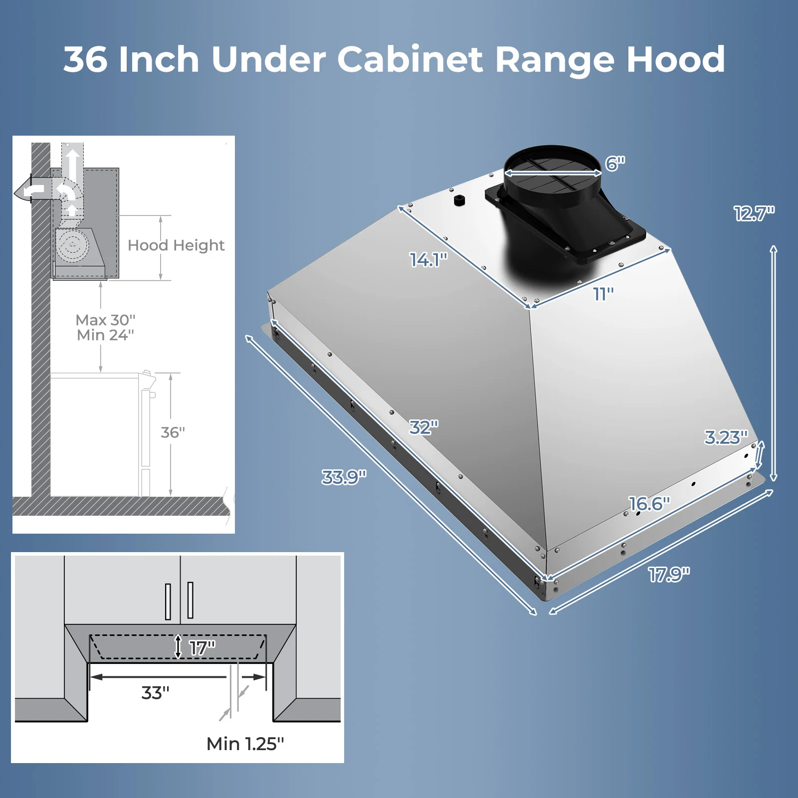 36 Inch Under Cabinet Range Hood with 4 Fan Speeds and Baffles Filters, Silver - Image 3