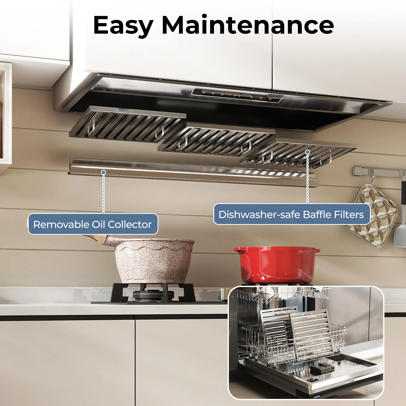 36 Inch Under Cabinet Range Hood with 4 Fan Speeds and Baffles Filters, Silver - Image 9