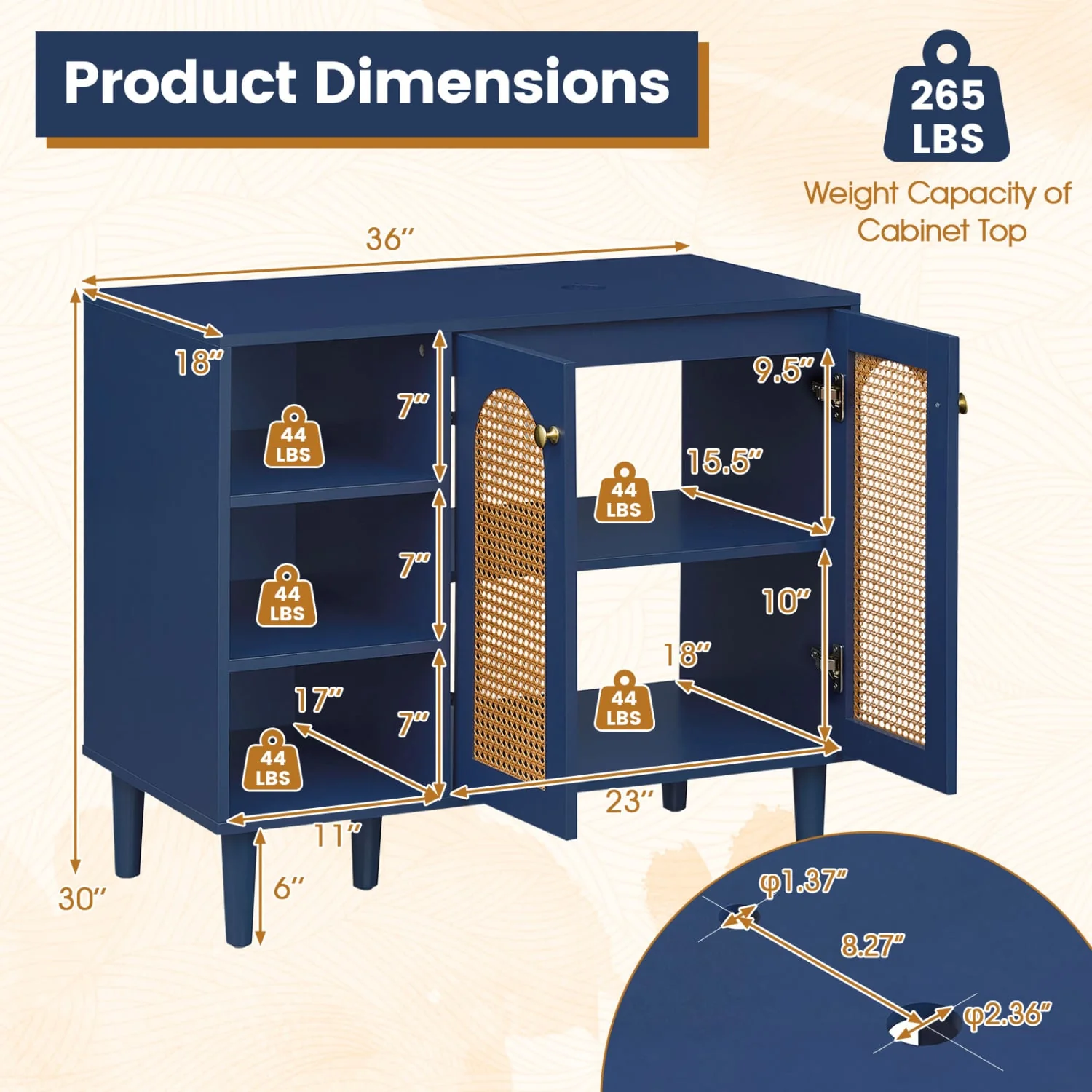 36 Inch Under Sink Cabinet, Boho Sink Base, Navy - Image 5