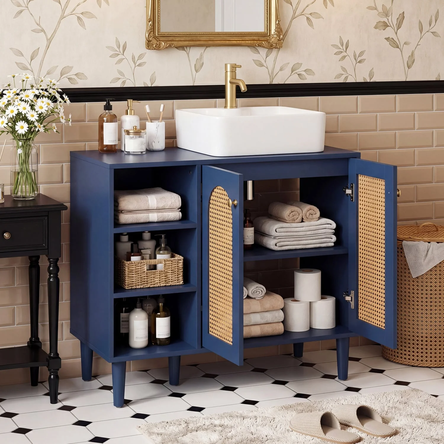 36 Inch Under Sink Cabinet, Boho Sink Base, Navy - Image 6