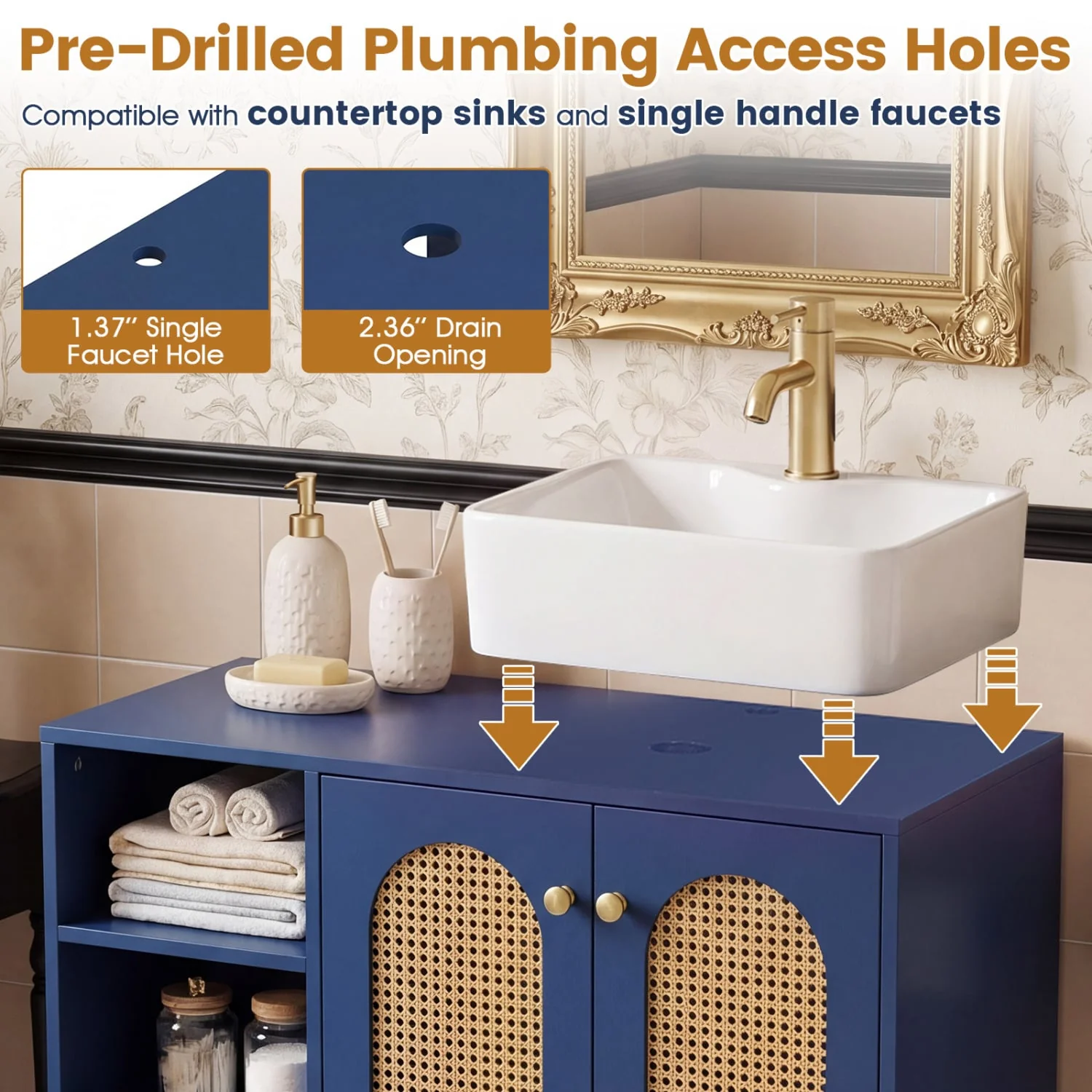 36 Inch Under Sink Cabinet, Boho Sink Base, Navy - Image 8