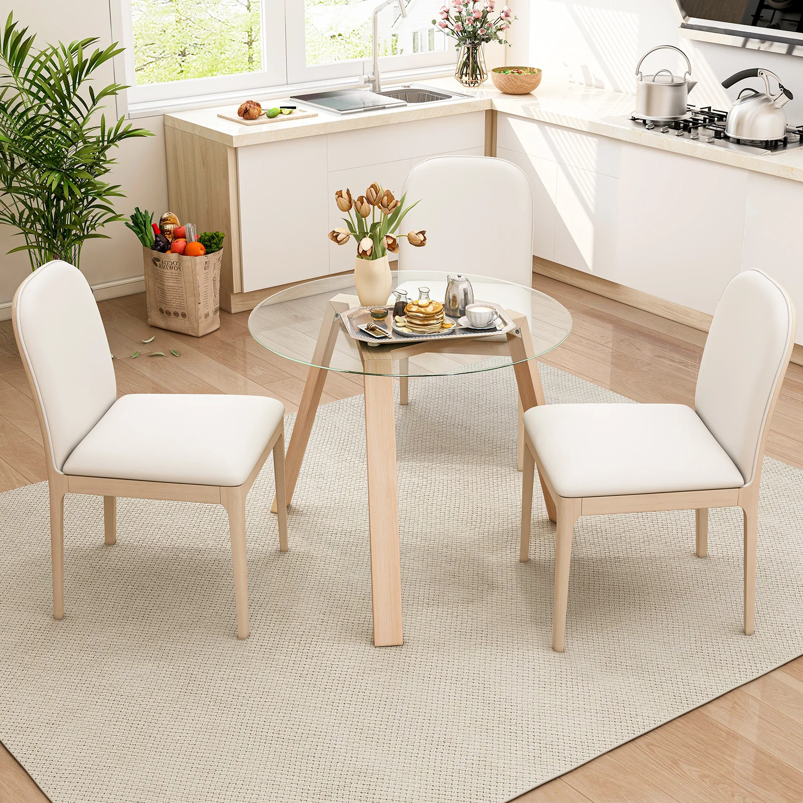 36 Inches Round Glass Dining Table, Rubber Wood Frame, Natural - Image 2