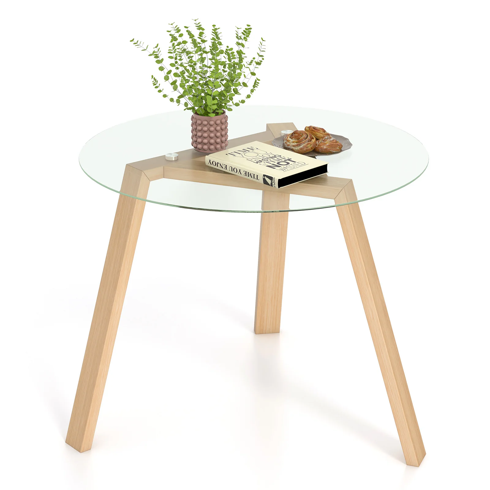 36 Inches Round Glass Dining Table, Rubber Wood Frame, Natural - Image 4