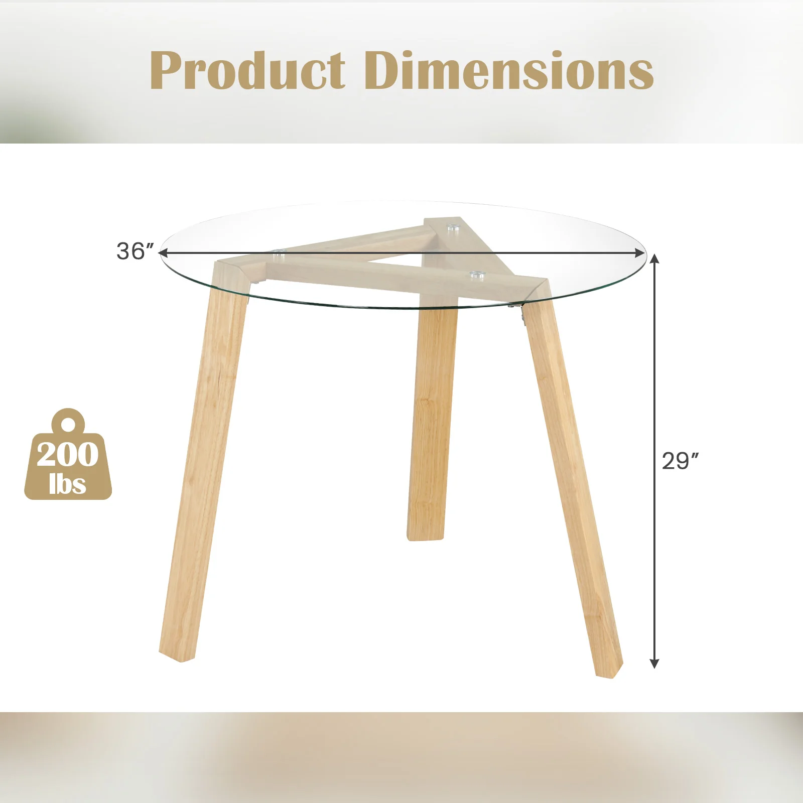 36 Inches Round Glass Dining Table, Rubber Wood Frame, Natural - Image 6