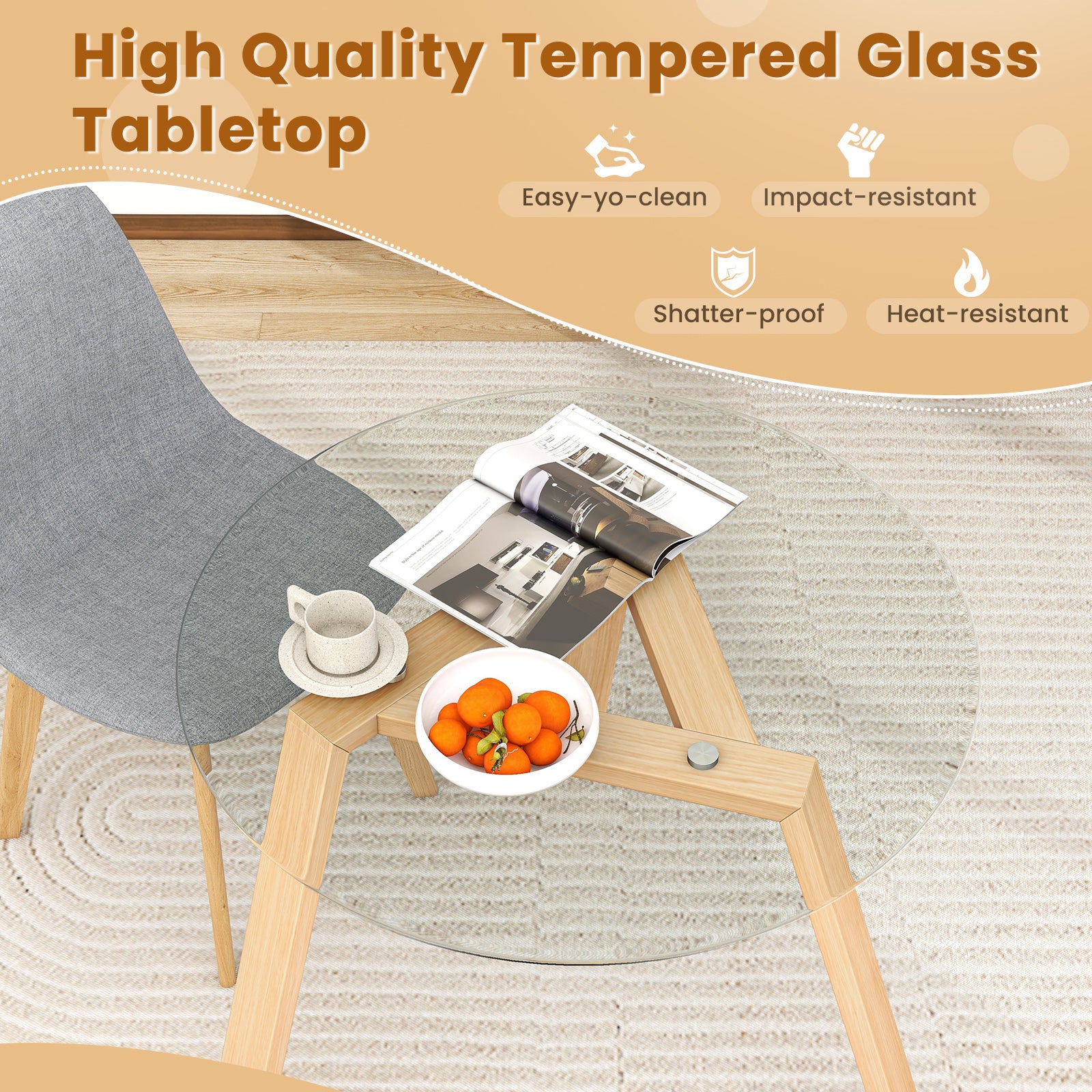 36 Inches Round Glass Dining Table, Rubber Wood Frame, Natural - Image 8