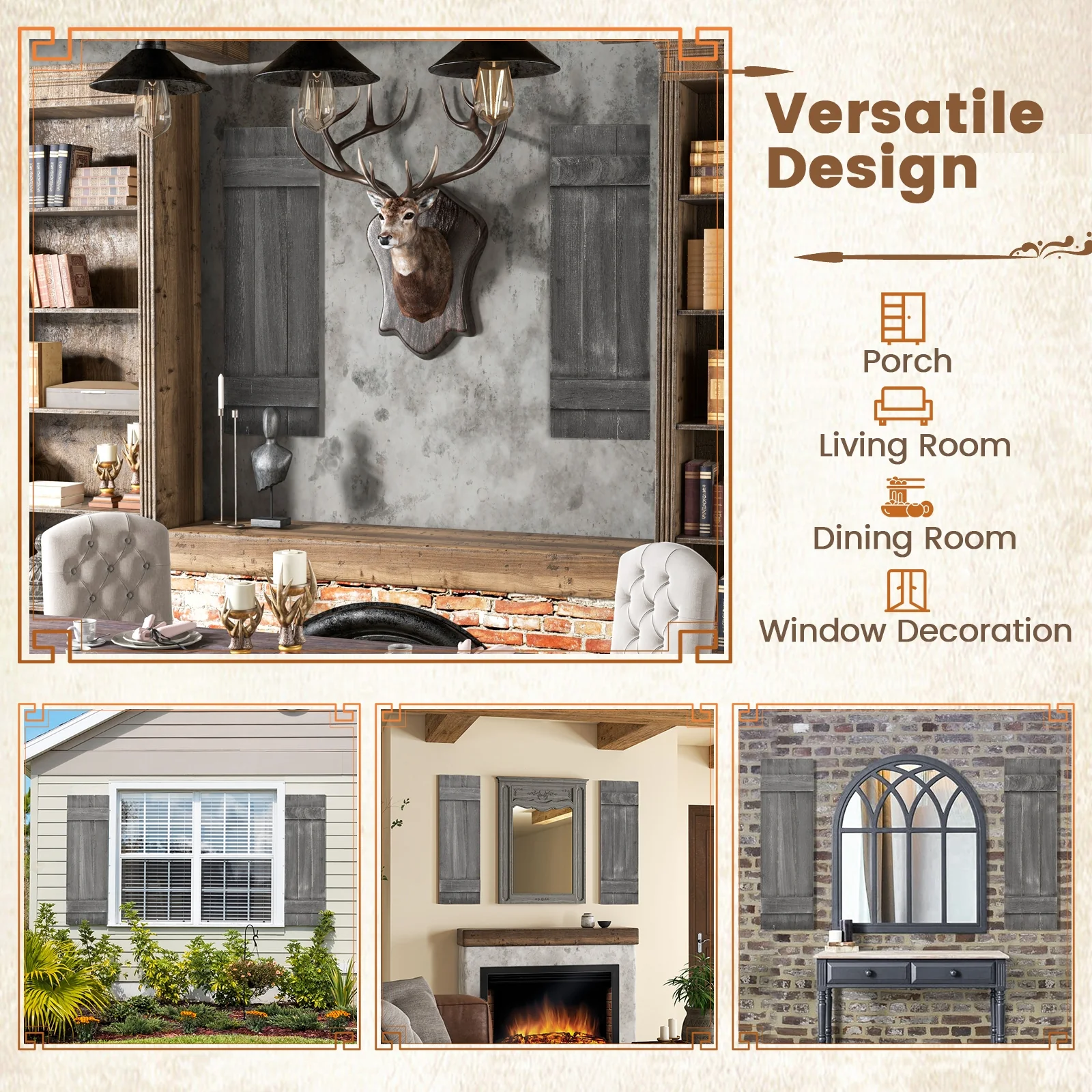 36 x 11 Inch Farmhouse Paulownia Wood Window Shutters, Set of 2, Dark Gray - Image 10