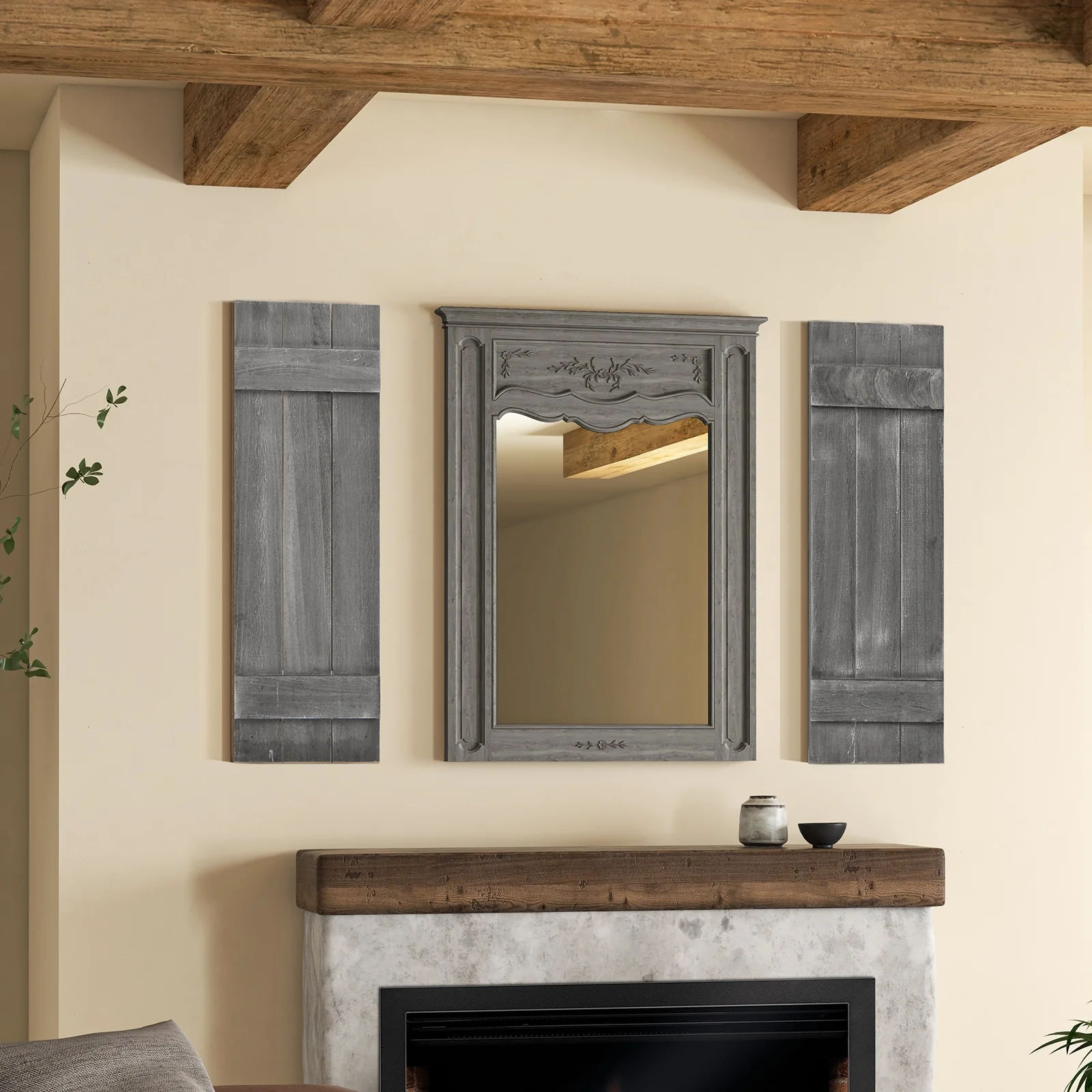 36 x 11 Inch Farmhouse Paulownia Wood Window Shutters, Set of 2, Dark Gray - Image 2