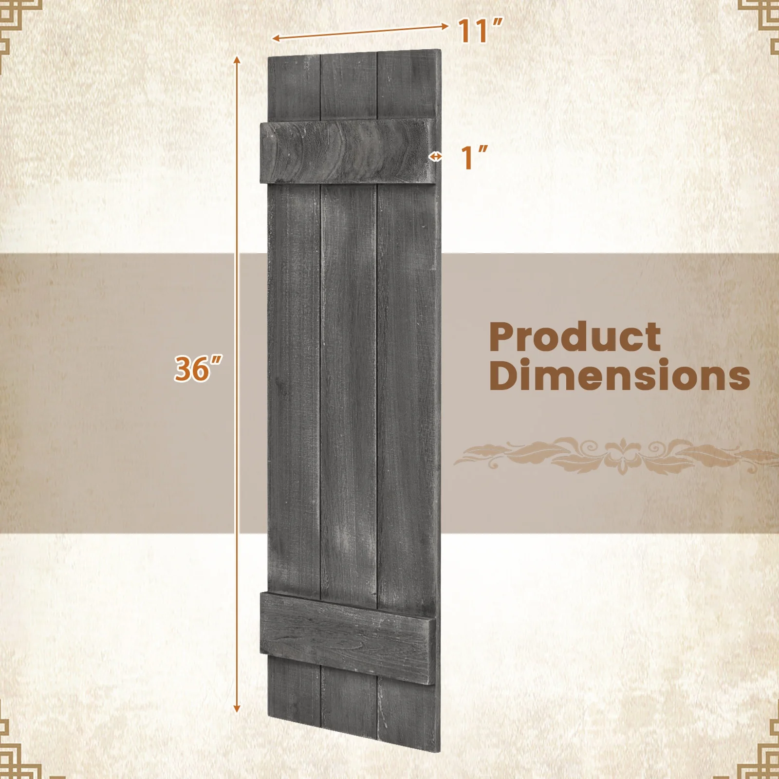 36 x 11 Inch Farmhouse Paulownia Wood Window Shutters, Set of 2, Dark Gray - Image 6