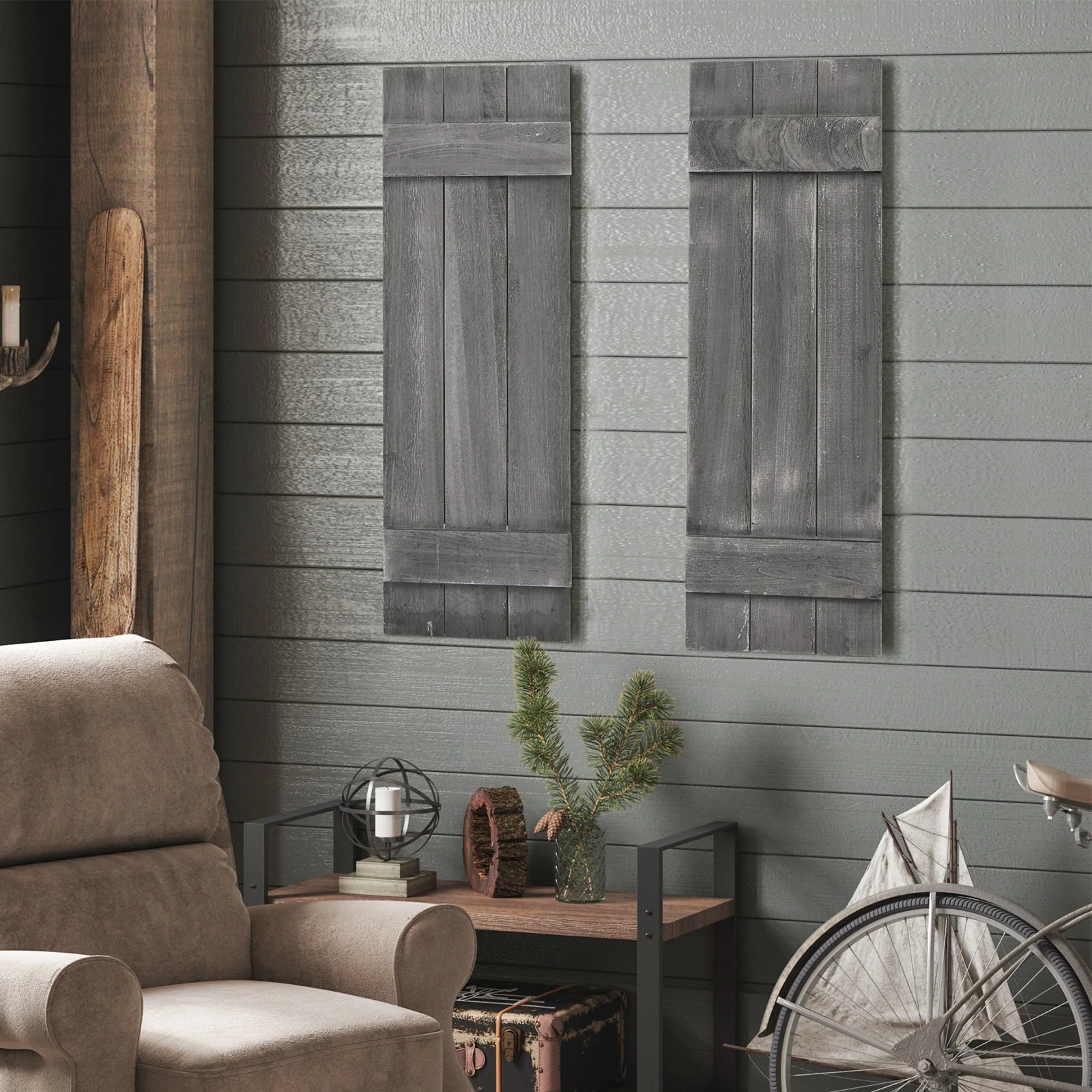 36 x 11 Inch Farmhouse Paulownia Wood Window Shutters, Set of 2, Dark Gray - Image 7