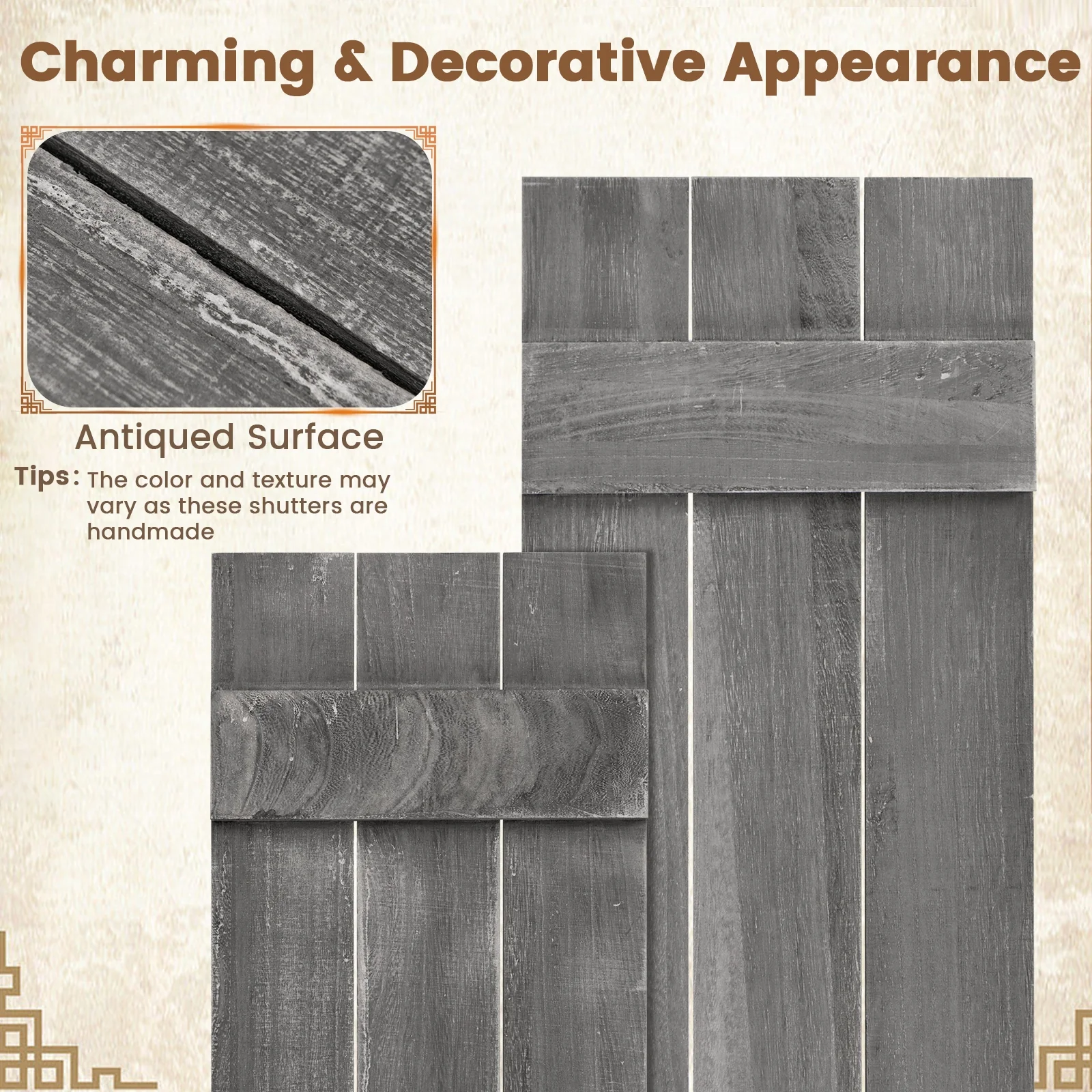 36 x 11 Inch Farmhouse Paulownia Wood Window Shutters, Set of 2, Dark Gray - Image 8