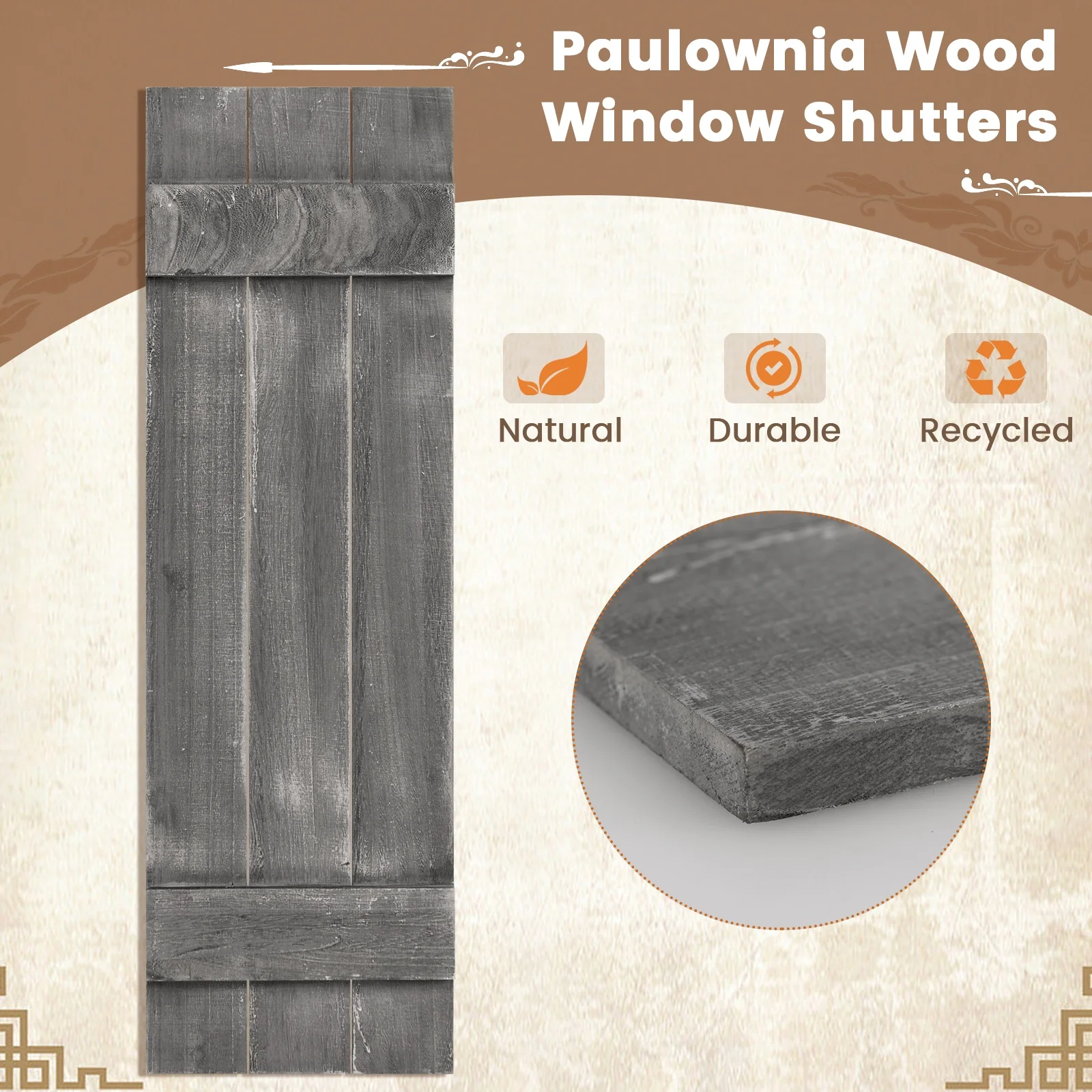 36 x 11 Inch Farmhouse Paulownia Wood Window Shutters, Set of 2, Dark Gray - Image 9