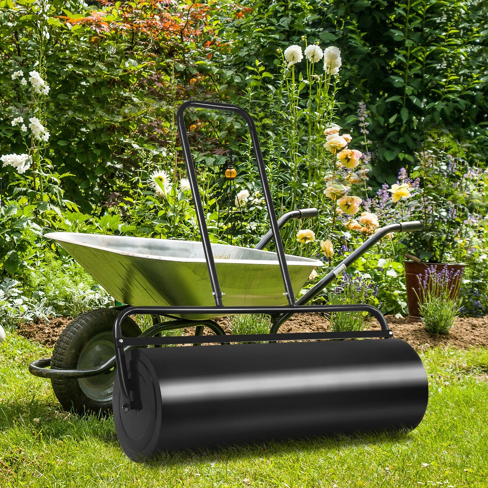 36 x 12 Inch Tow Lawn Roller, Water Filled Metal Push Roller, Black - Image 2