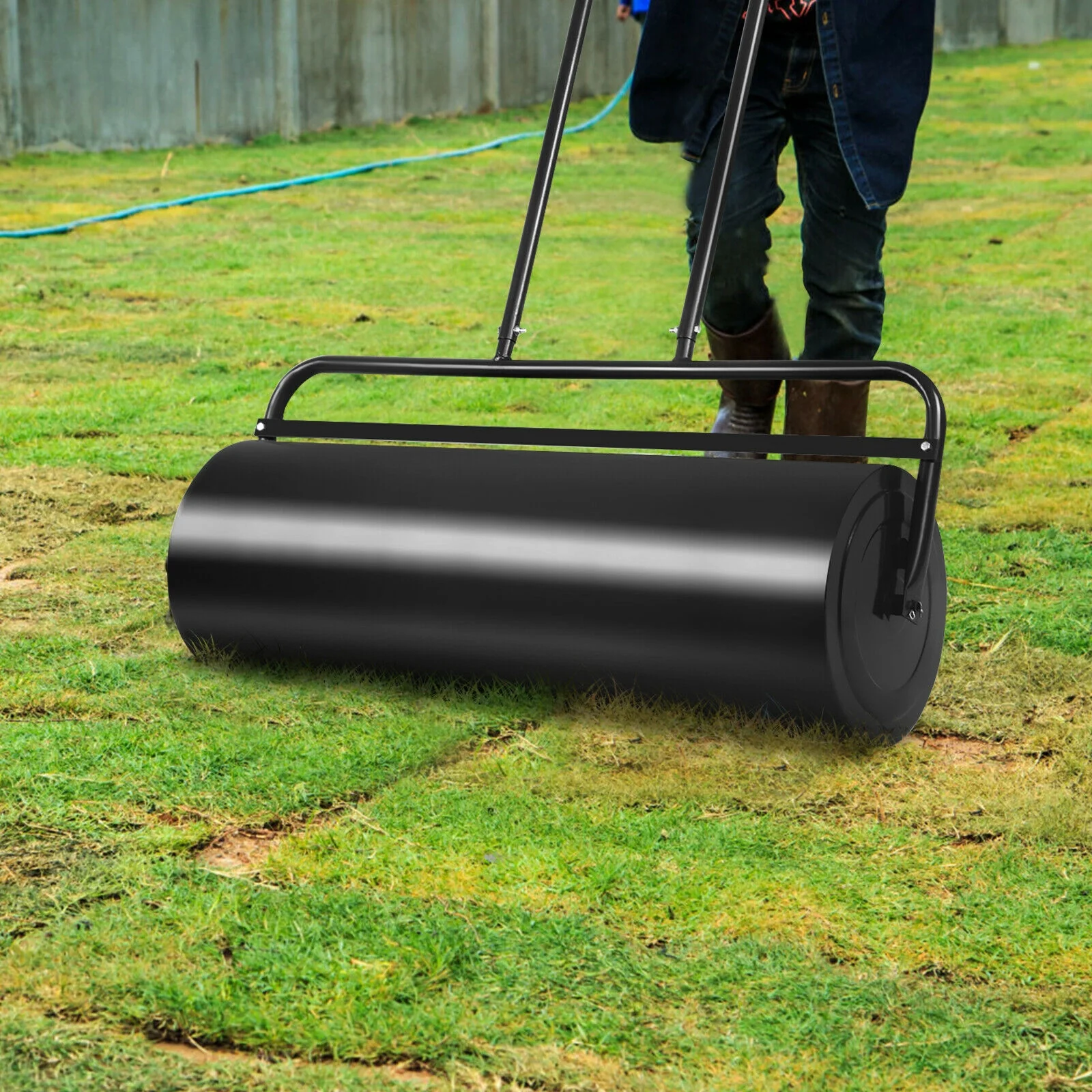 36 x 12 Inch Tow Lawn Roller, Water Filled Metal Push Roller, Black - Image 6
