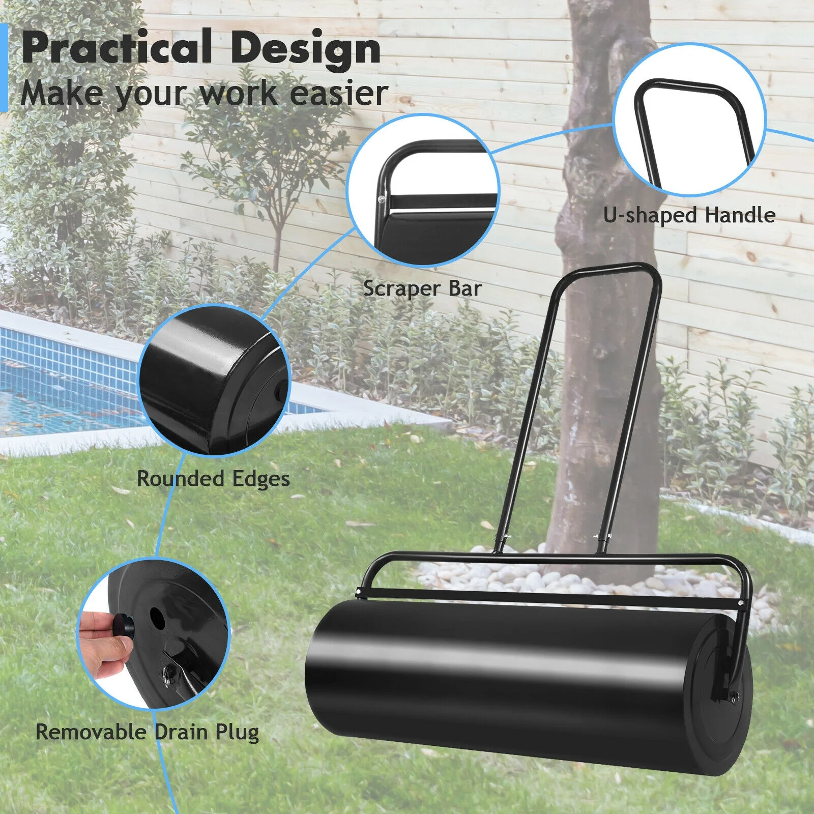 36 x 12 Inch Tow Lawn Roller, Water Filled Metal Push Roller, Black - Image 9
