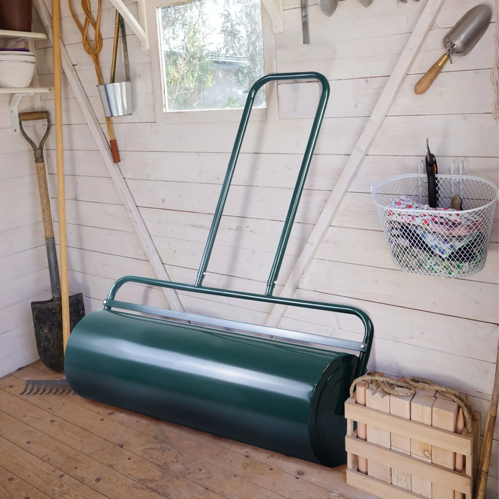 36 x 12 Inches Tow Lawn Roller, Water Filled Metal Push Roller, Green - Image 2