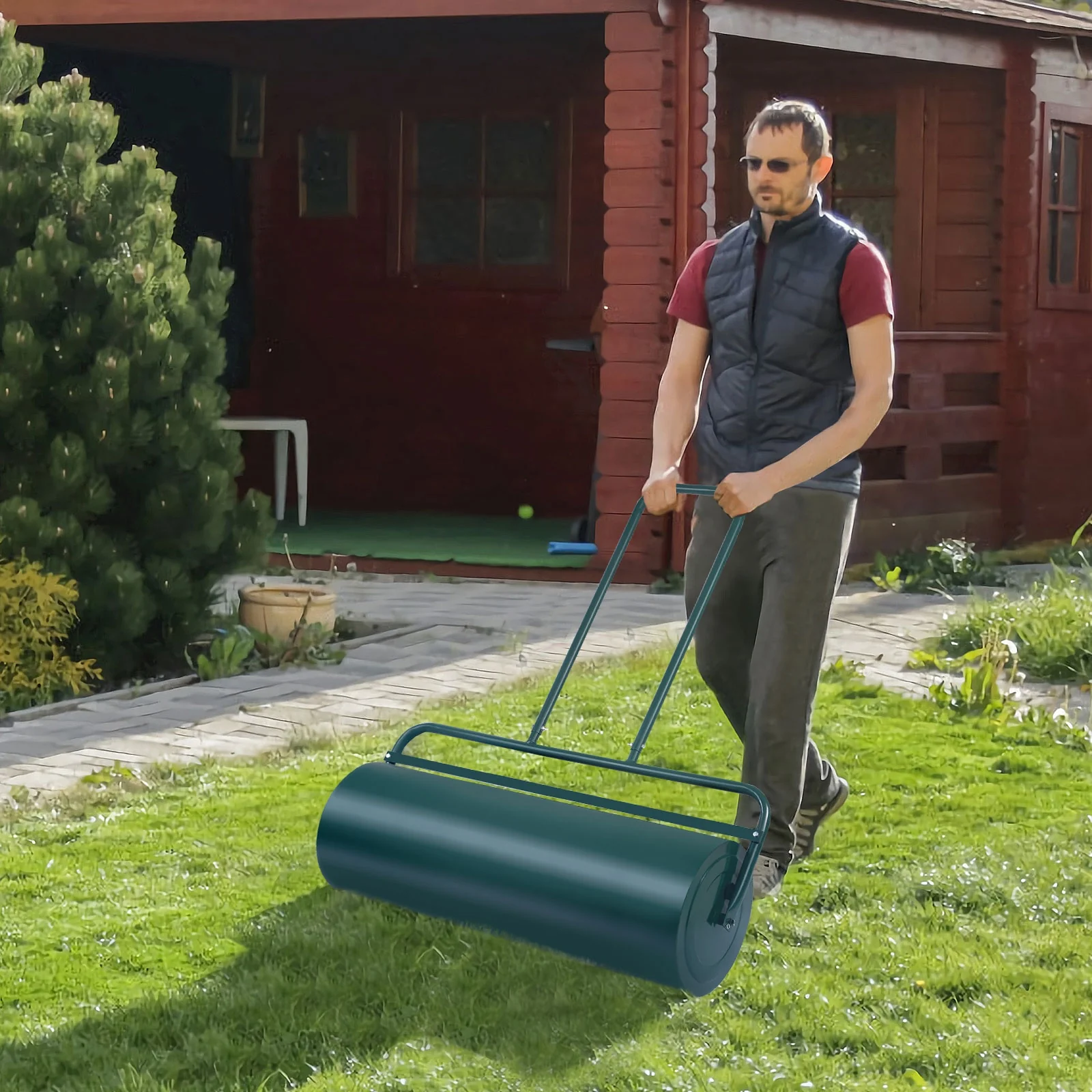 36 x 12 Inches Tow Lawn Roller, Water Filled Metal Push Roller, Green - Image 8