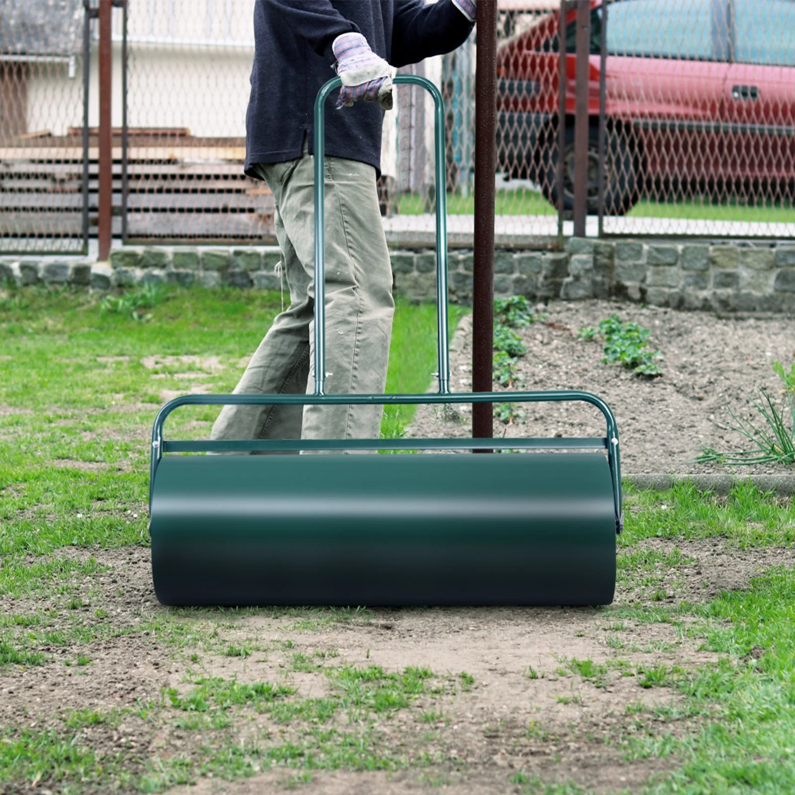36 x 12 Inches Tow Lawn Roller, Water Filled Metal Push Roller, Green - Image 9