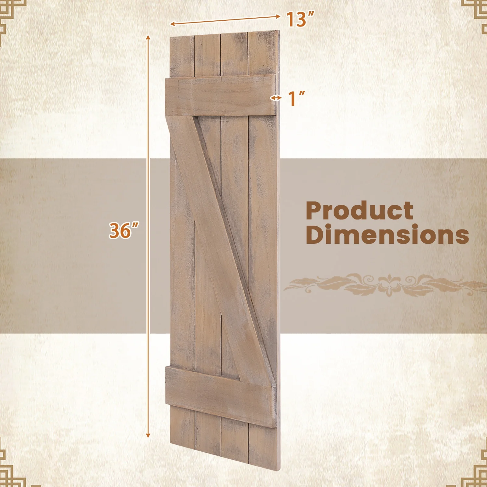 36 x 13 Inch Farmhouse Window Shutters, Set of 2, Light Brown - Image 6
