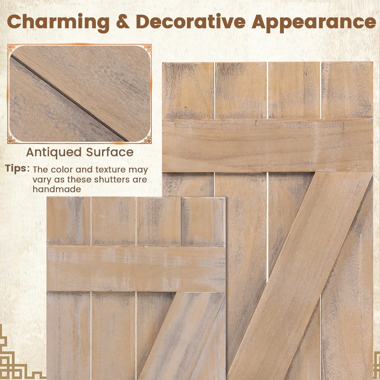 36 x 13 Inch Farmhouse Window Shutters, Set of 2, Light Brown - Image 8