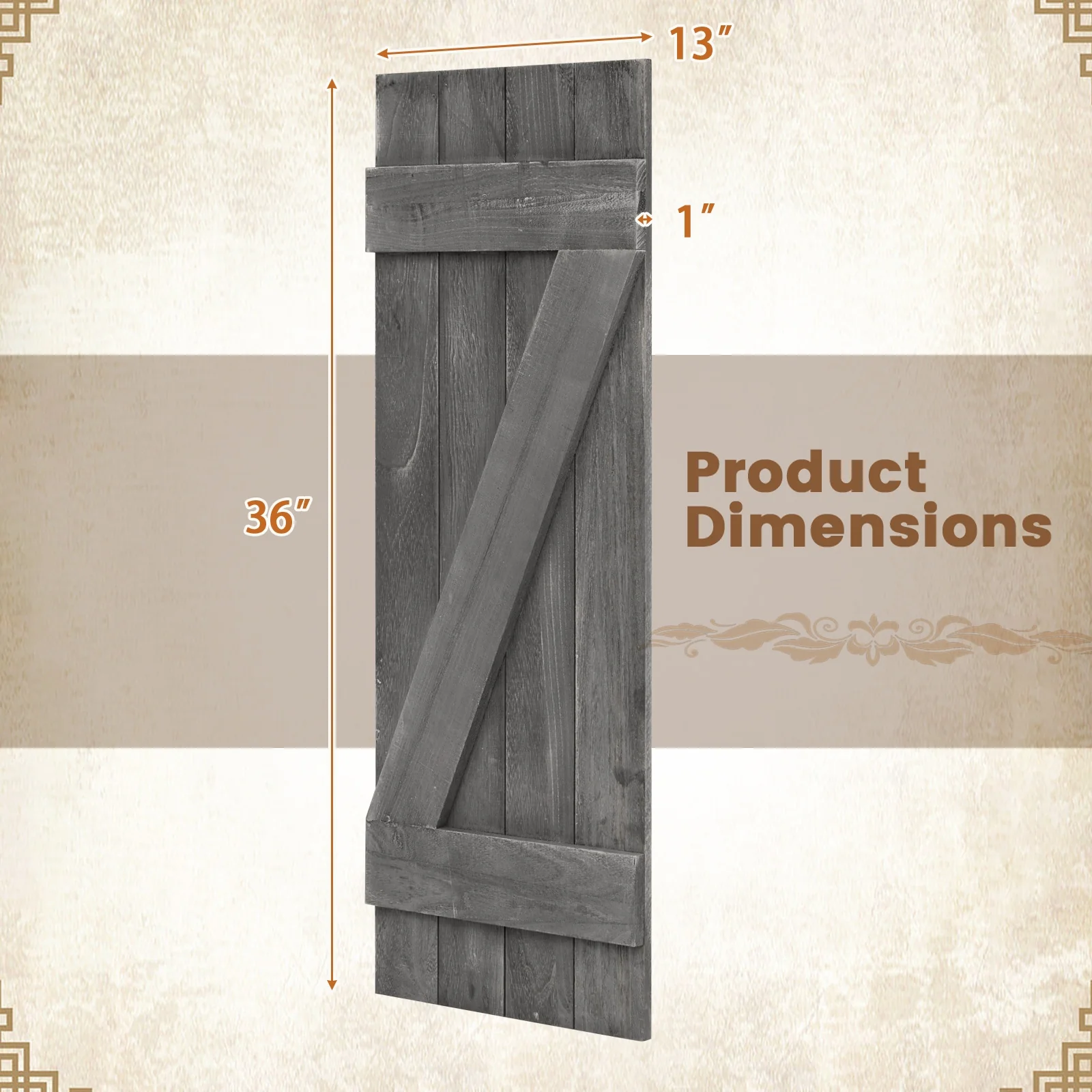 36 x 13 Inch Window Shutters Set of 2, Farmhouse Paulownia Wood, Dark Gray - Image 6