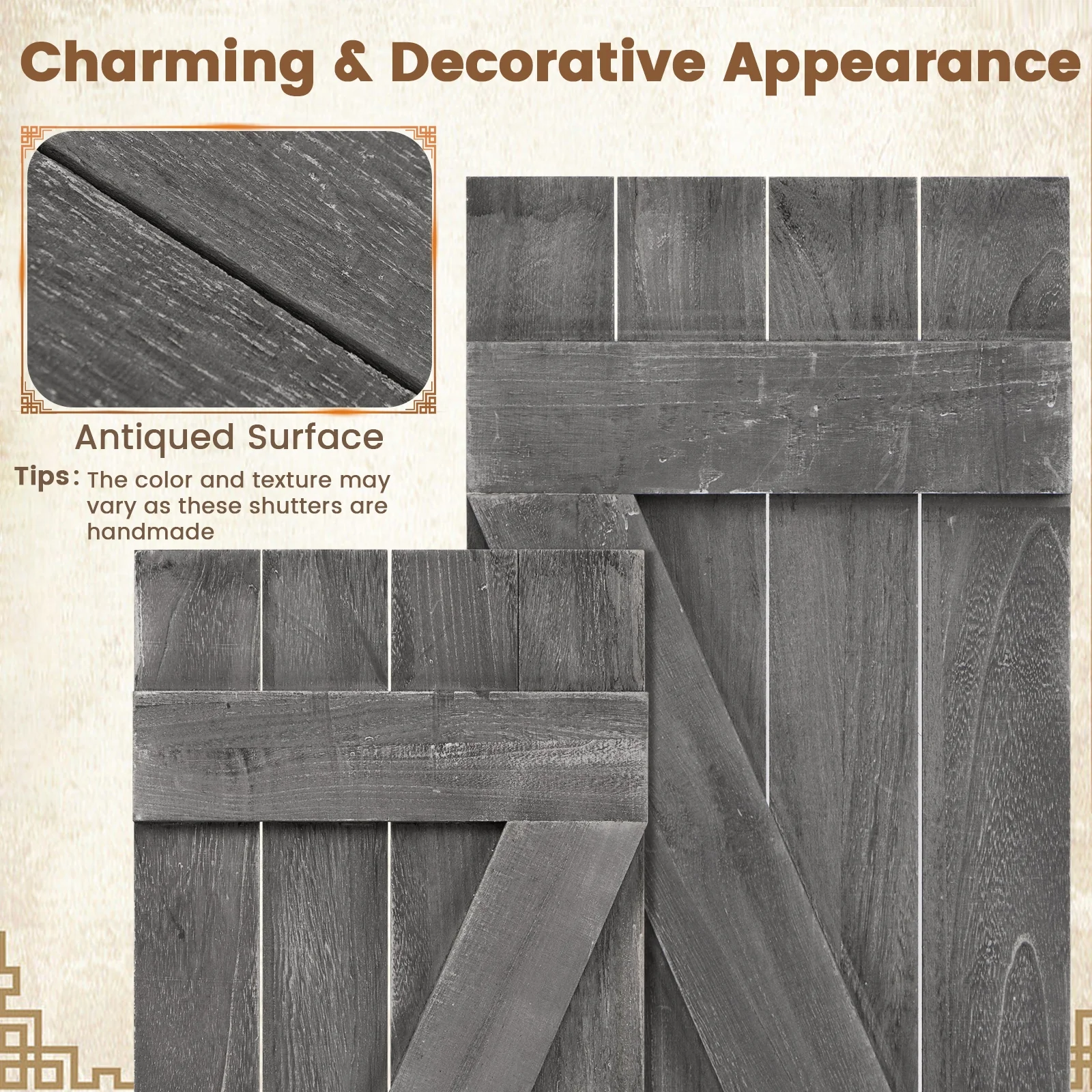 36 x 13 Inch Window Shutters Set of 2, Farmhouse Paulownia Wood, Dark Gray - Image 8