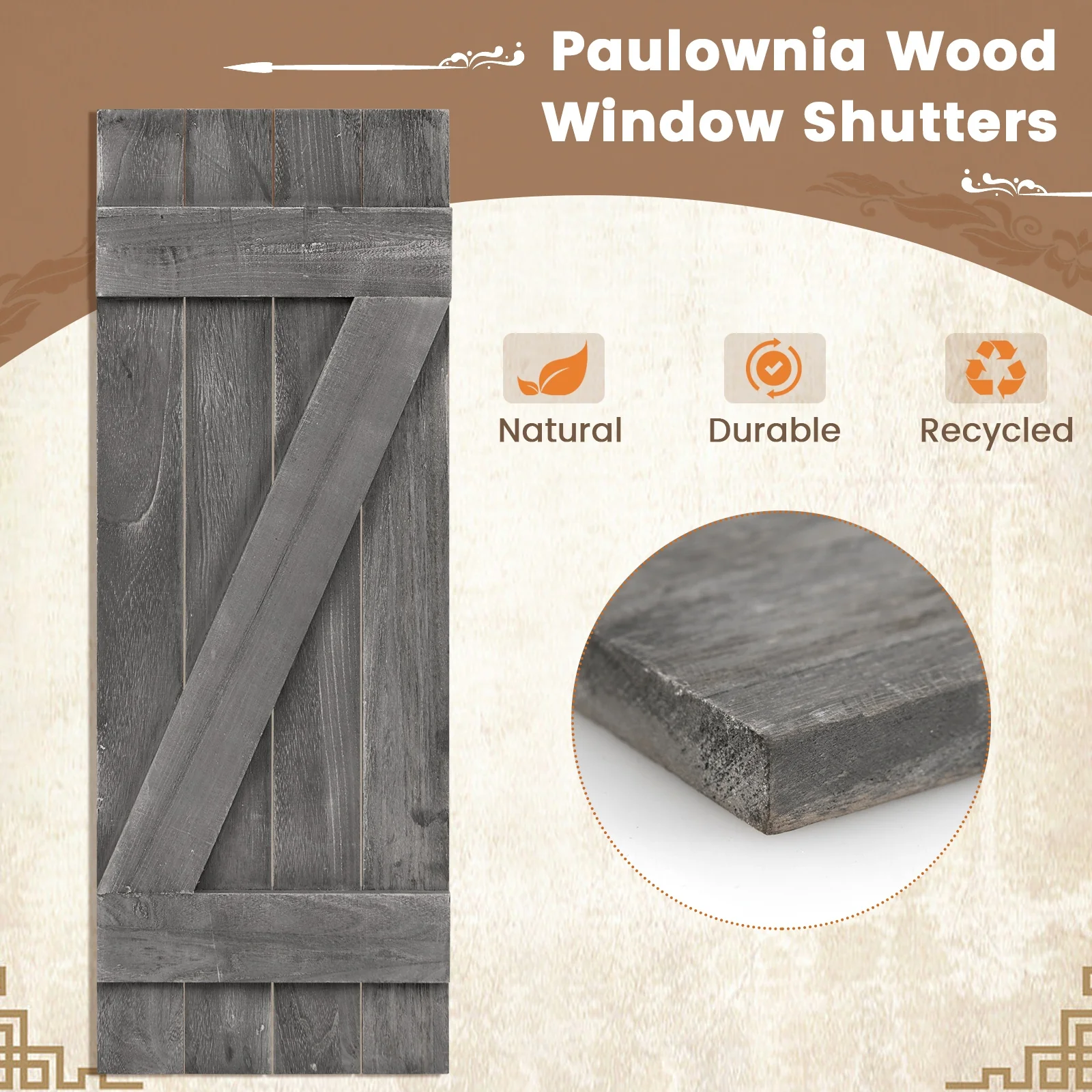 36 x 13 Inch Window Shutters Set of 2, Farmhouse Paulownia Wood, Dark Gray - Image 9