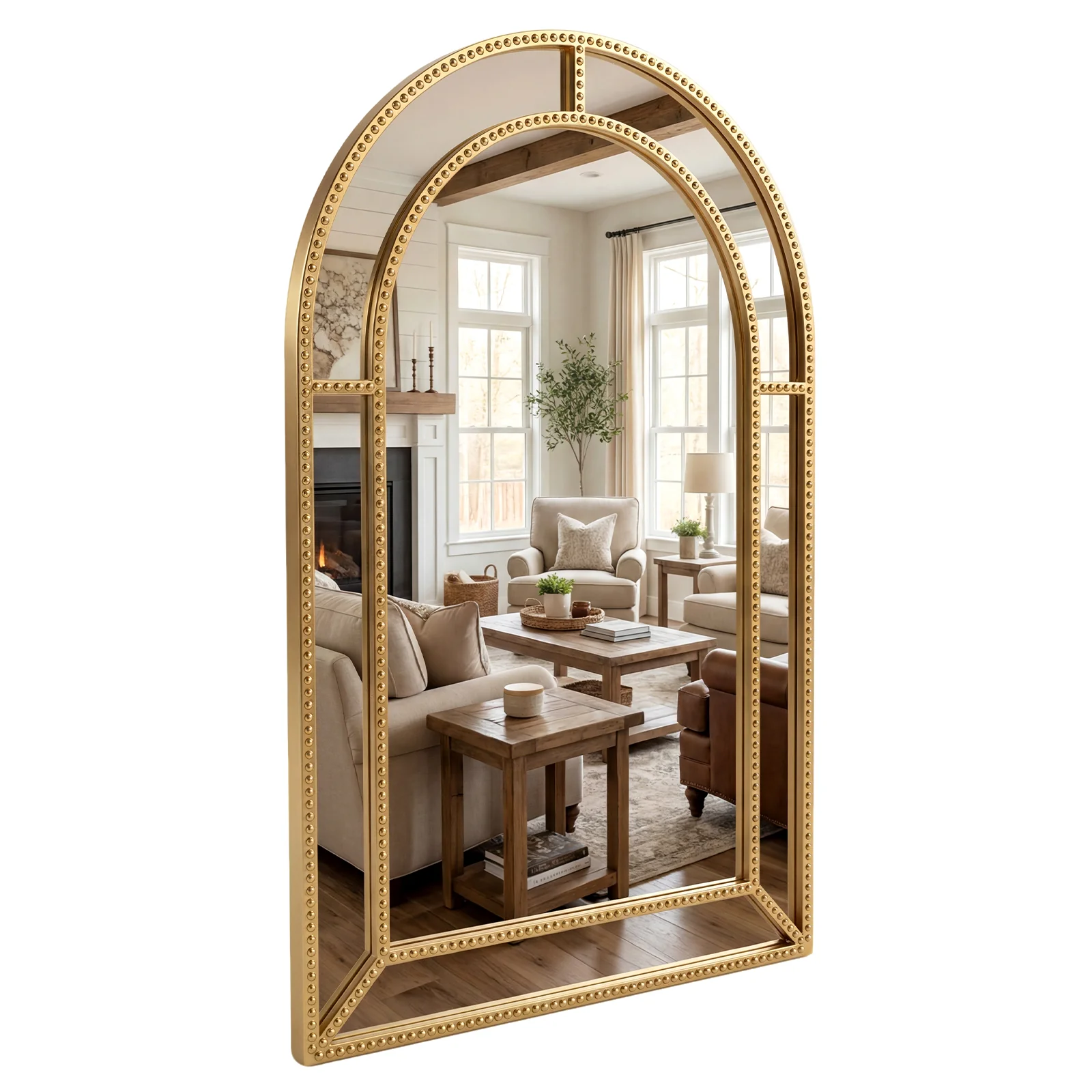 36 x 24 Inch Decorative Mirror, Beaded Frame, Living Room, Gold