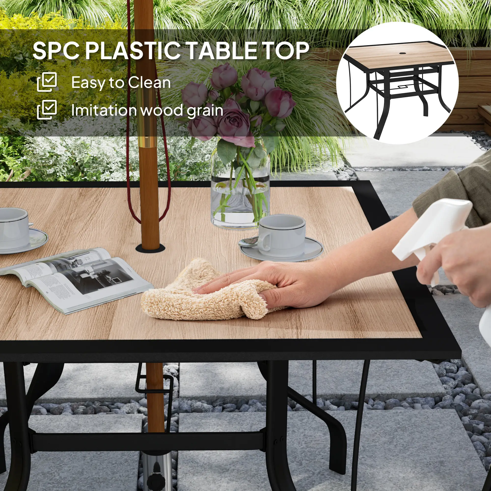36" x 36" x 28" Square Patio Dining Table, Umbrella Hole, Rustproof Steel Frame - Image 4