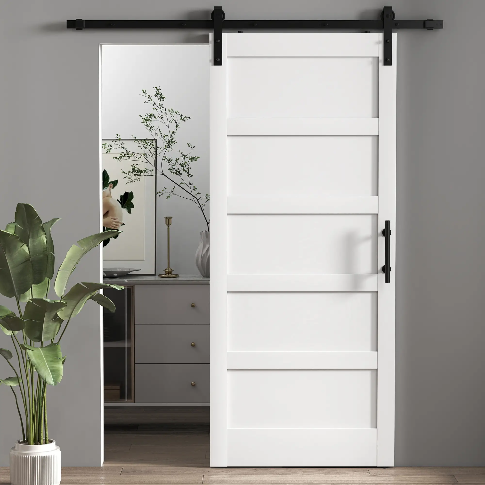 36"x84" Sliding Barn Door With Hardware Kit, White Wood Grain, White - Image 10