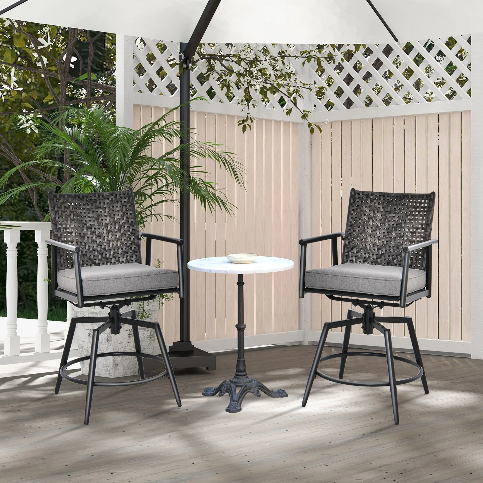360 Degree Swivel Bar Stool Set, Metal Frame, PE Rattan Backrest, Black - Image 2