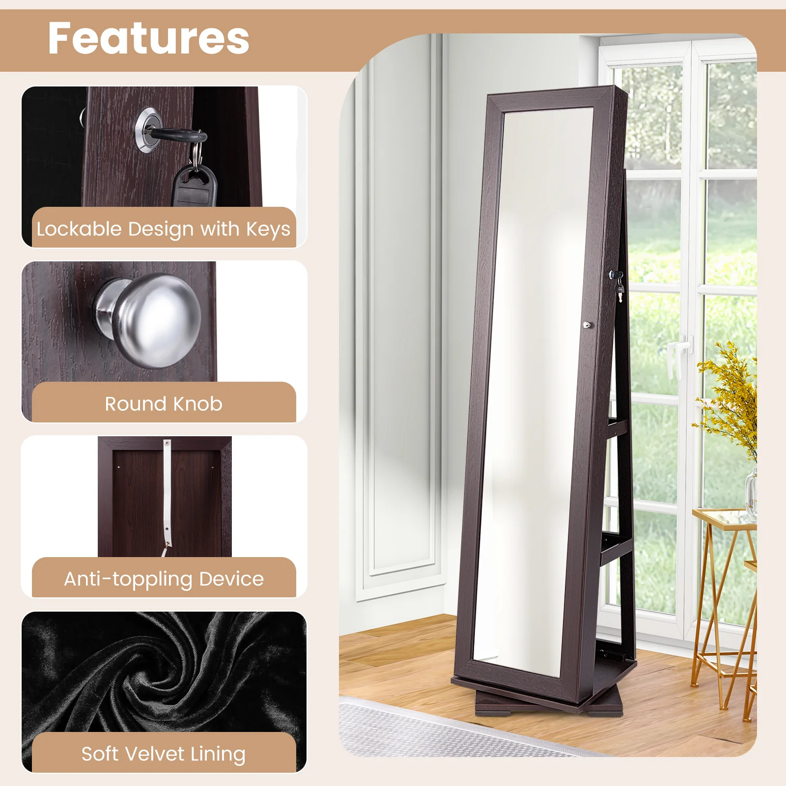 360° Rotatable 2-in-1 Lockable Jewelry Cabinet, Full-Length Mirror, Dark Brown - Image 10