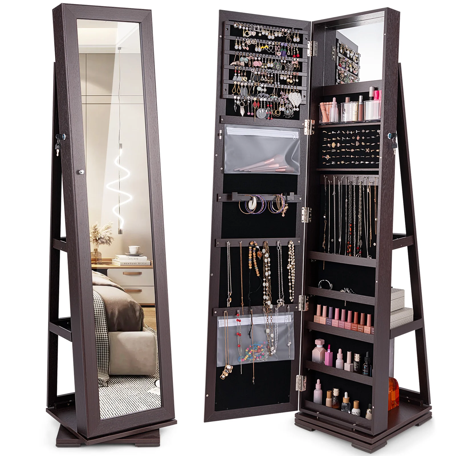 360° Rotatable 2-in-1 Lockable Jewelry Cabinet, Full-Length Mirror, Dark Brown - Image 4