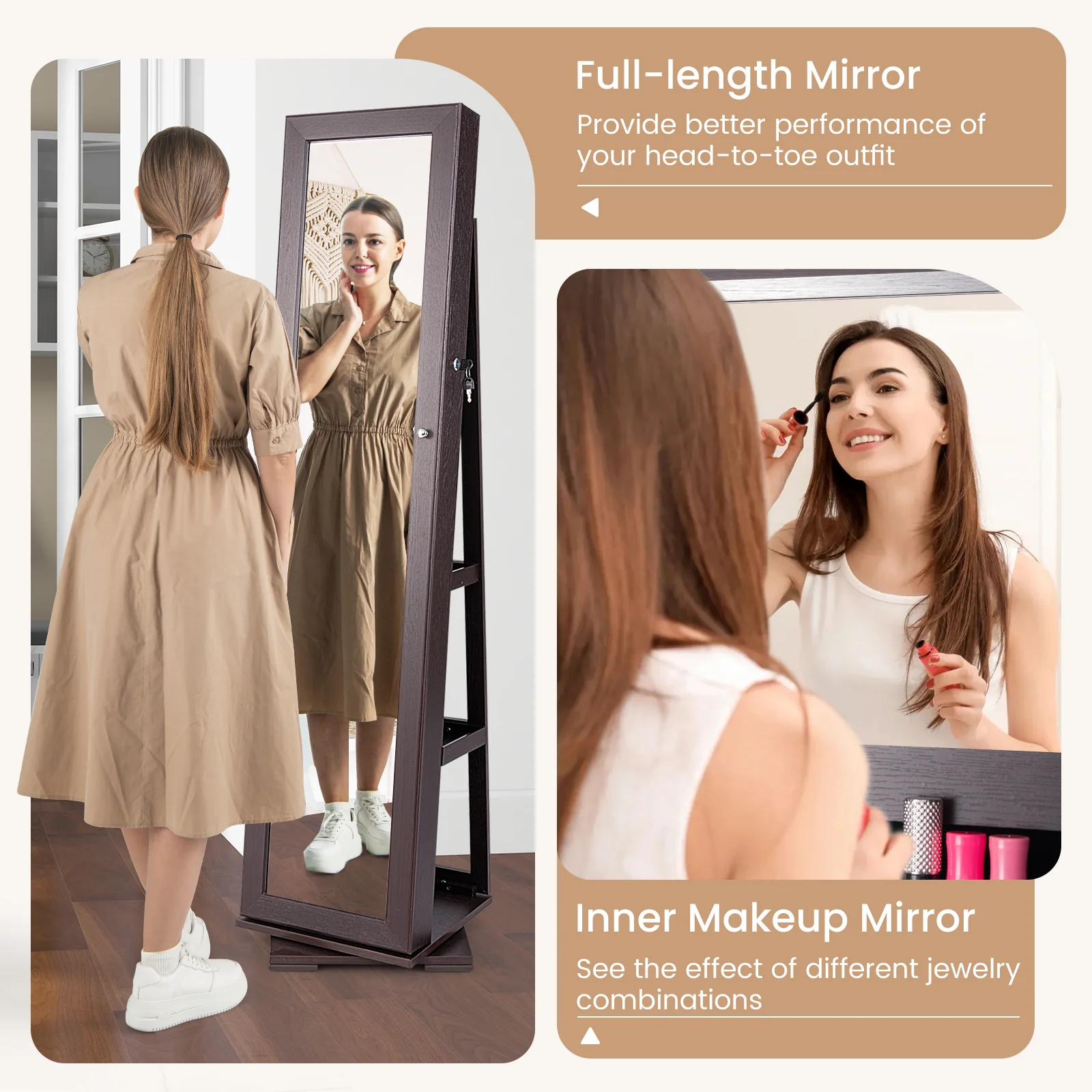360° Rotatable 2-in-1 Lockable Jewelry Cabinet, Full-Length Mirror, Dark Brown - Image 9