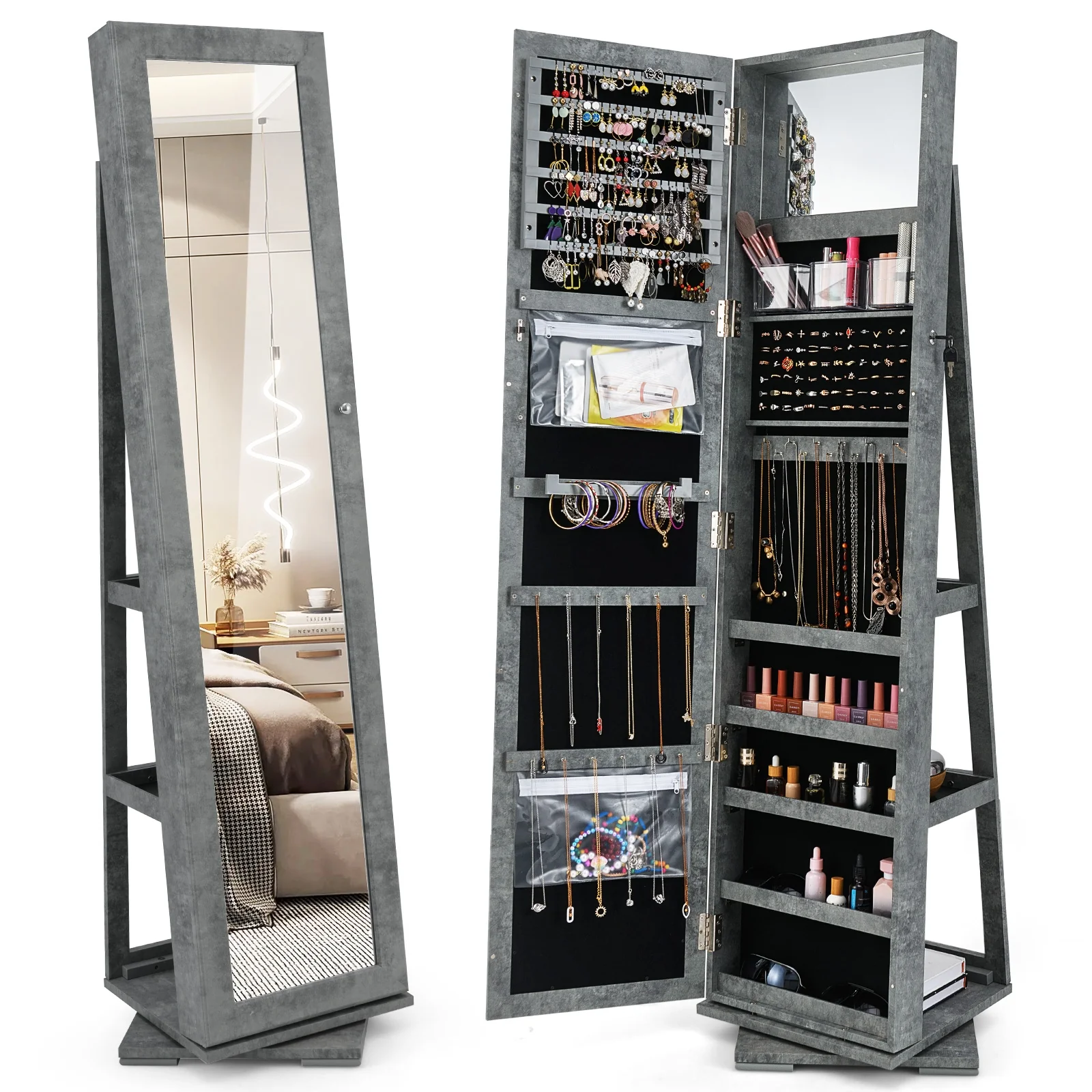 360° Rotatable 2-in-1 Lockable Jewelry Cabinet, Full-Length Mirror, Green