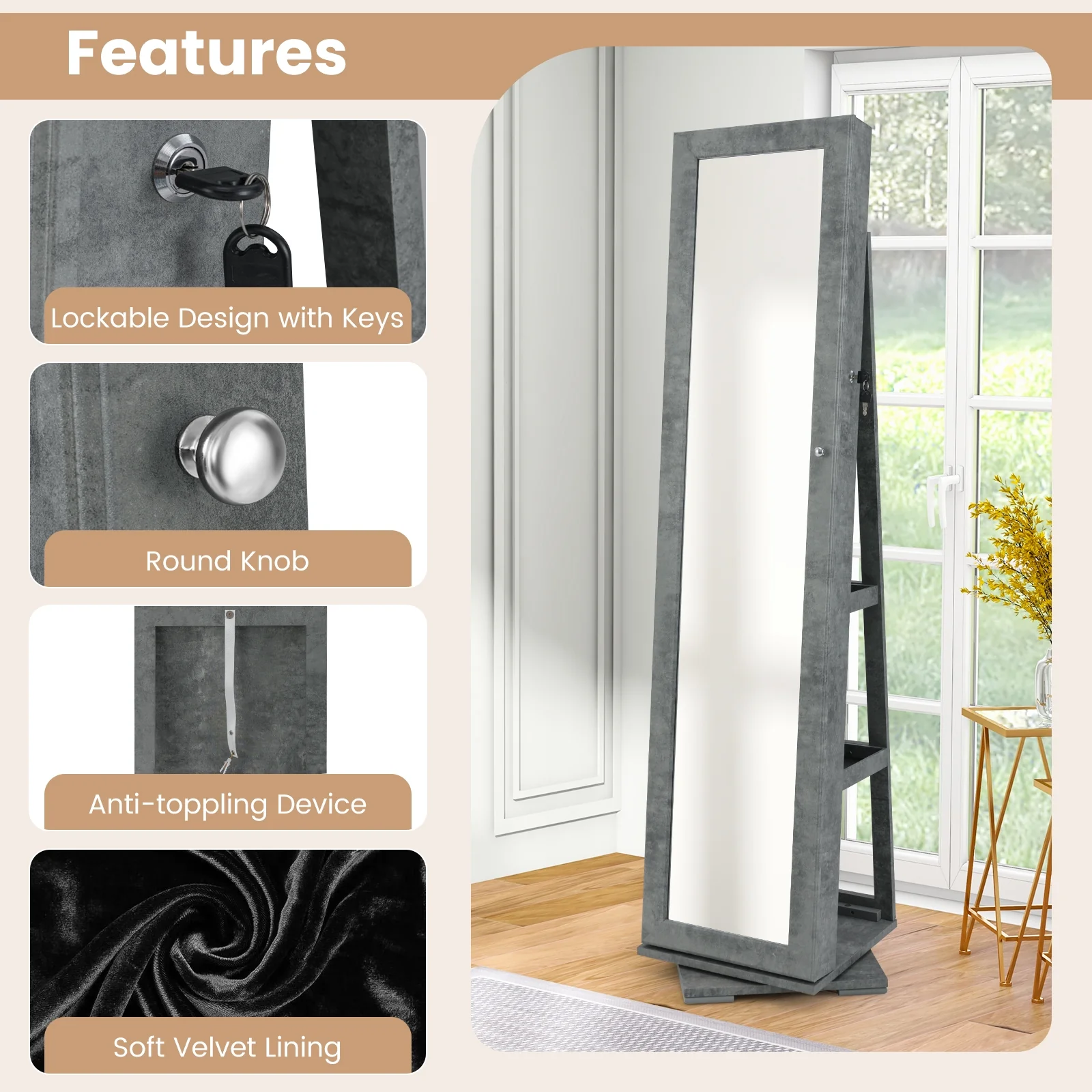 360° Rotatable 2-in-1 Lockable Jewelry Cabinet, Full-Length Mirror, Green - Image 10