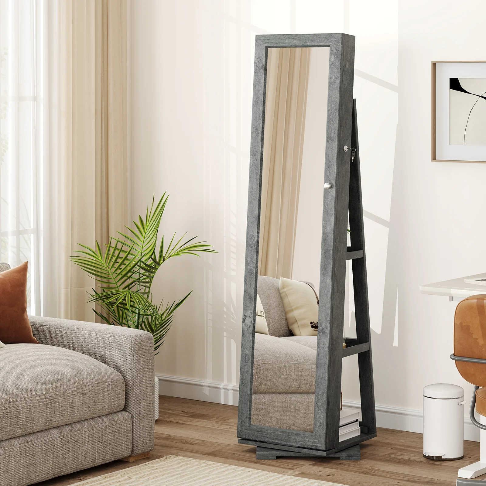 360° Rotatable 2-in-1 Lockable Jewelry Cabinet, Full-Length Mirror, Green - Image 2