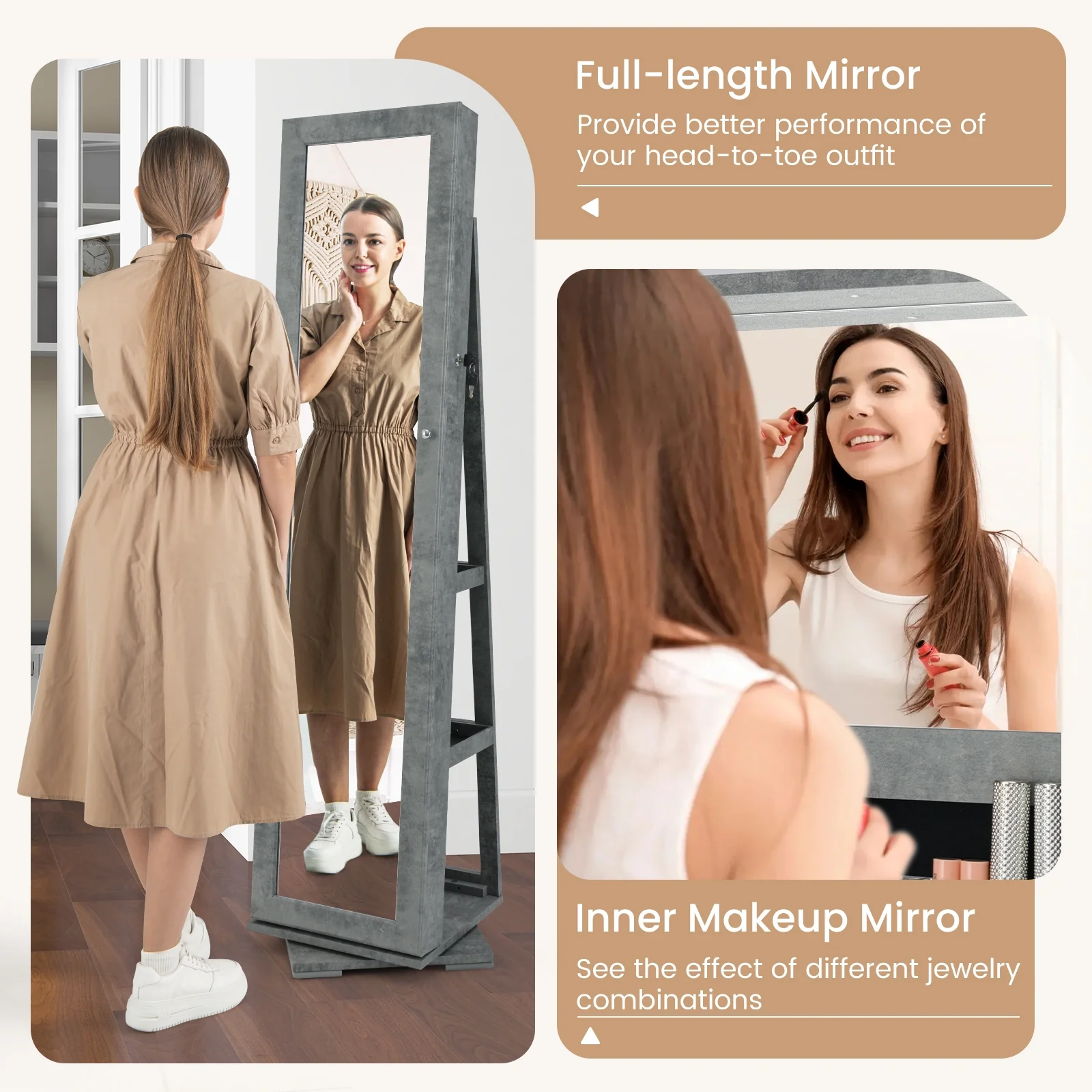 360° Rotatable 2-in-1 Lockable Jewelry Cabinet, Full-Length Mirror, Green - Image 9