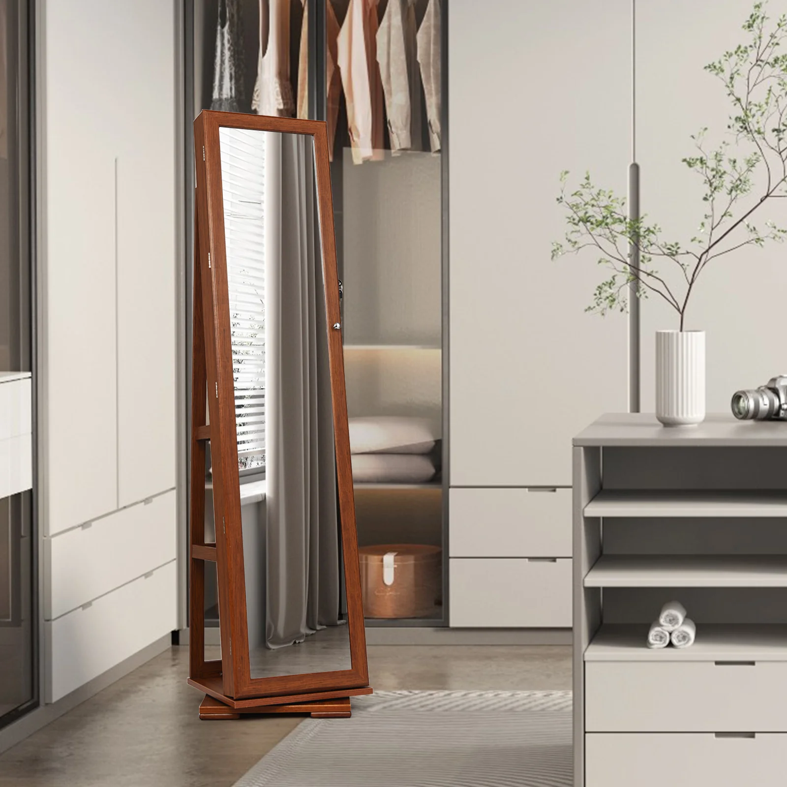 360° Rotatable Armoire, 2-in-1 Lockable Mirrored Jewelry Cabinet, Brown - Image 2